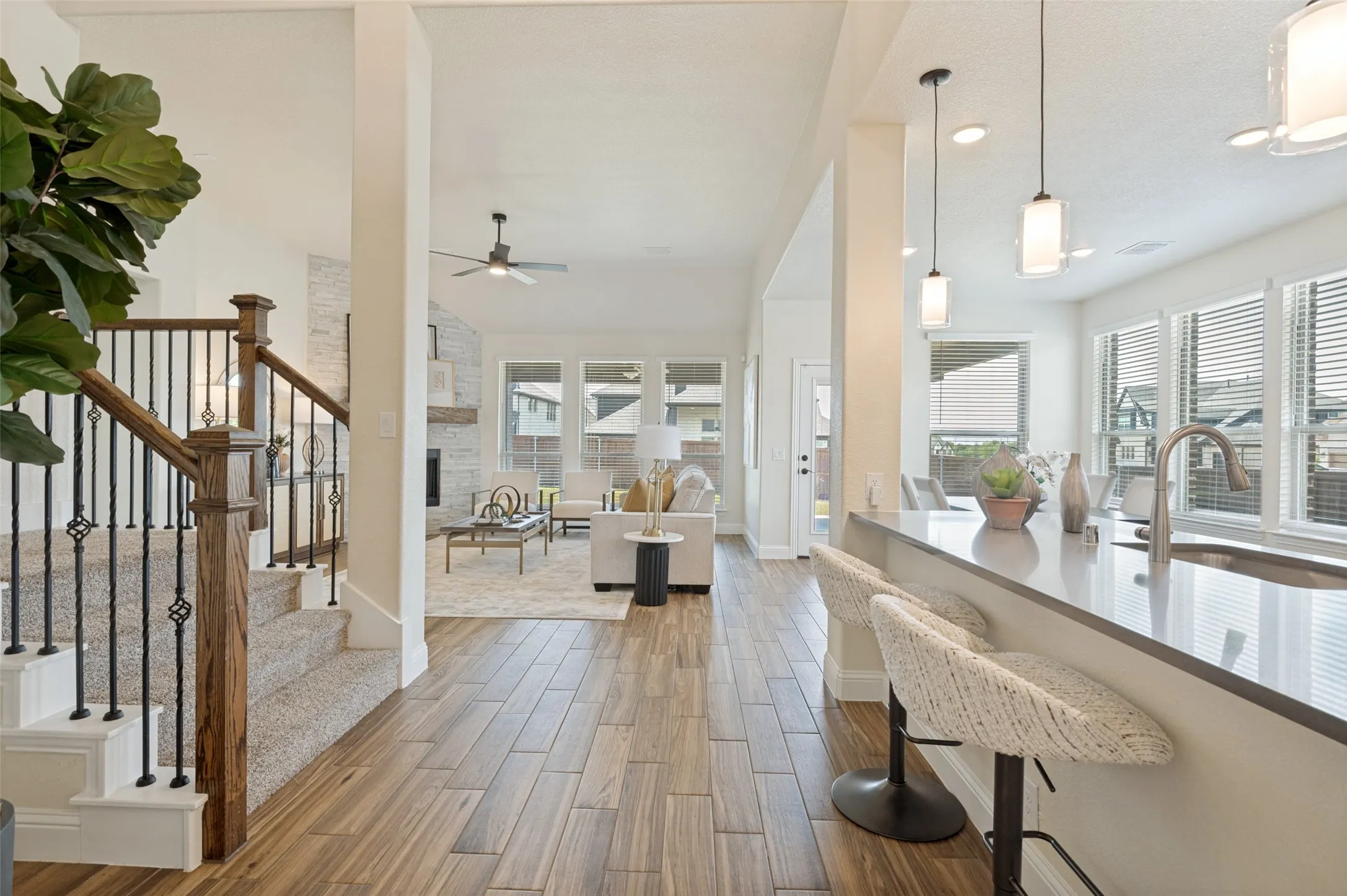 Wood-finish flooring throughout the main level