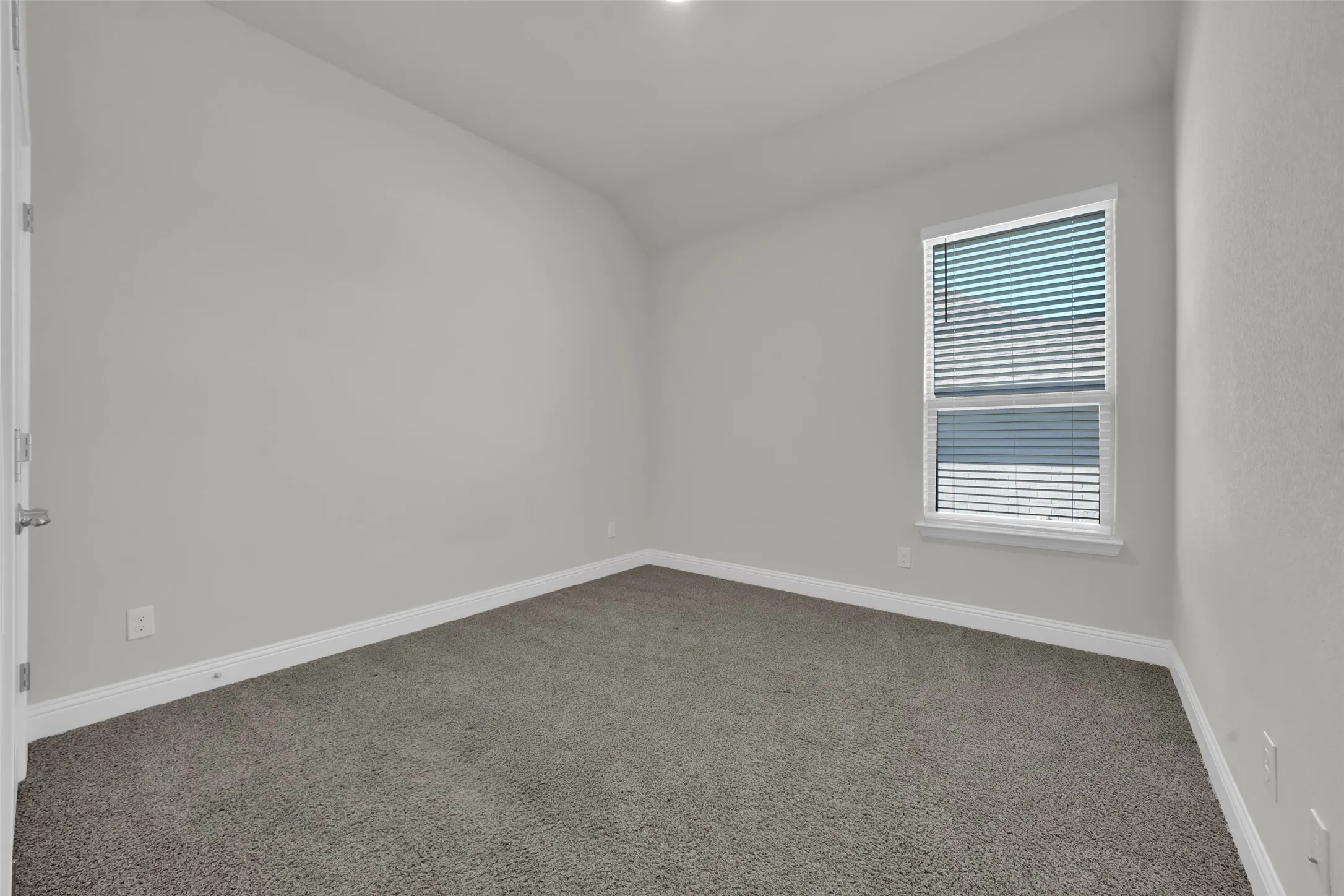 Neutral wall color, carpeted flooring, window with blinds, white trim, and a white door