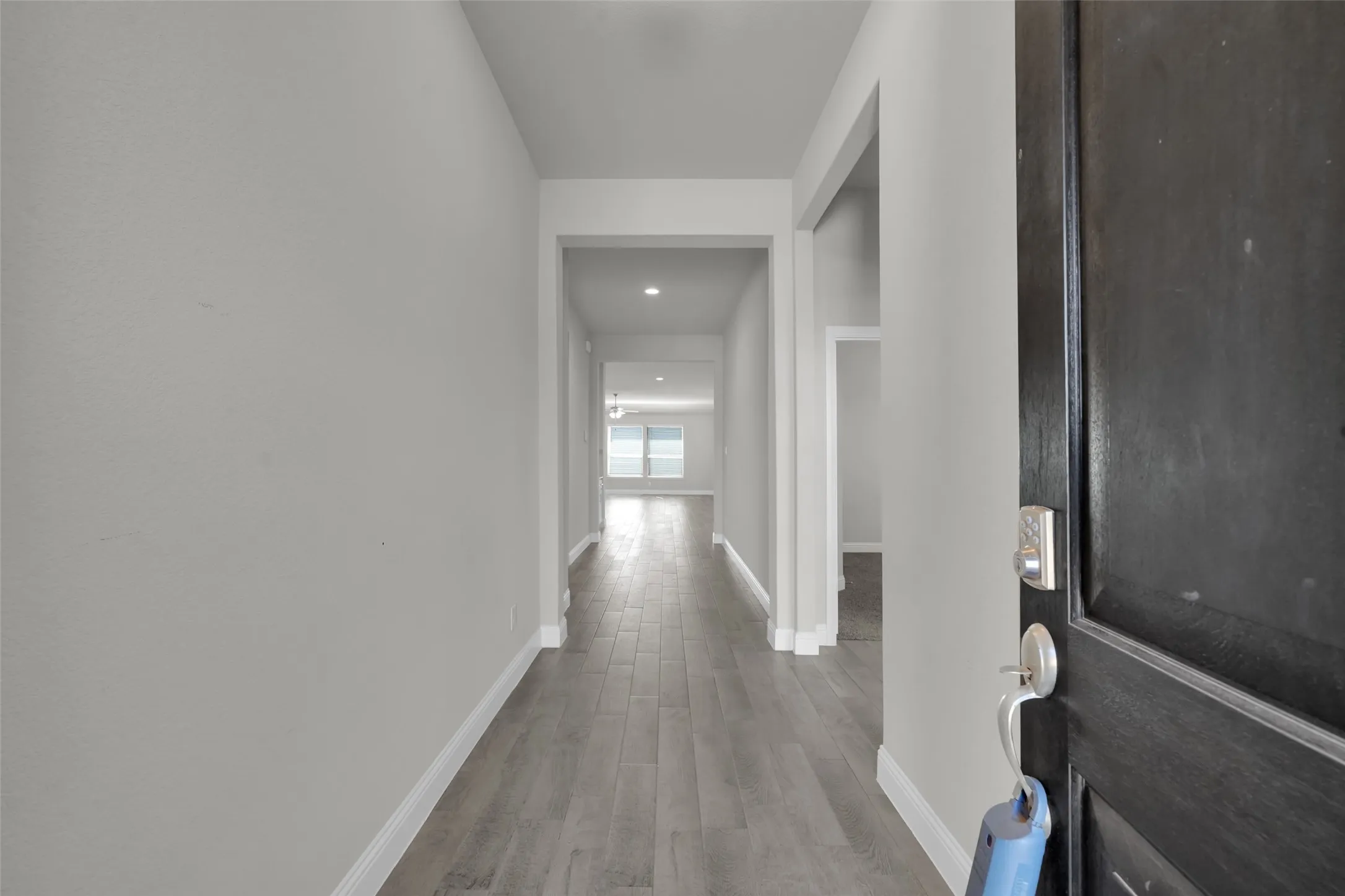 Entryway featuring wood-finish flooring, recessed lighting, and a dark-paneled door