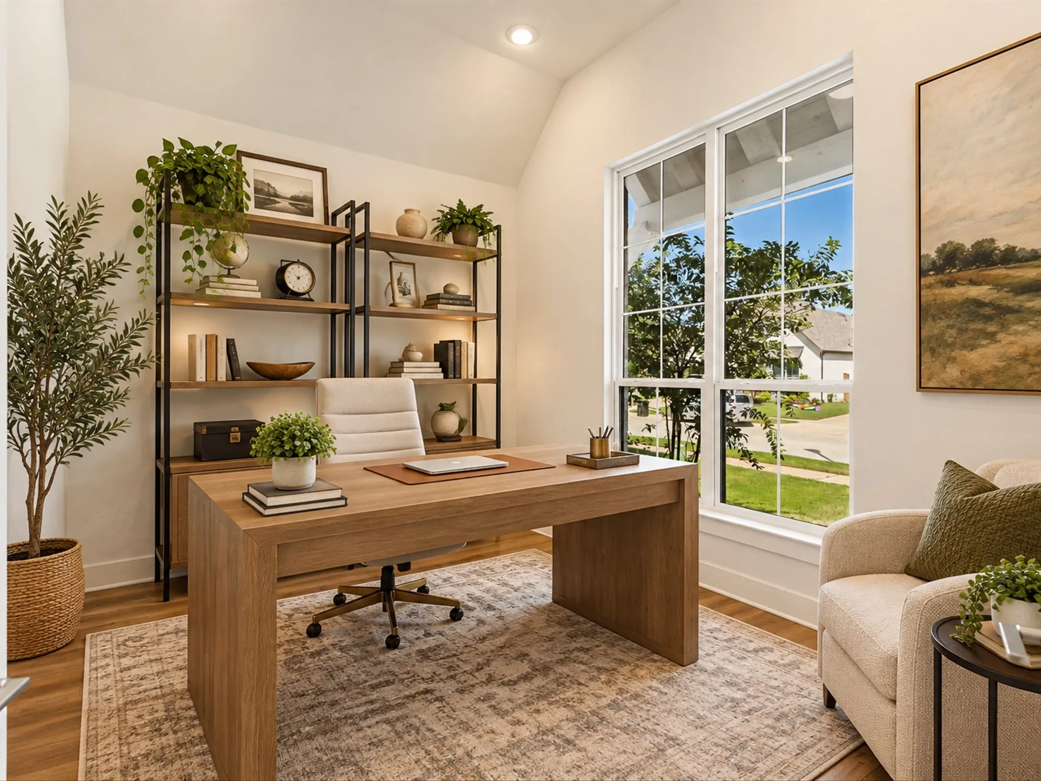 Vaulted ceiling with recessed lighting, large multi-pane window, integrated shelving unit with task lighting, wood-finish flooring