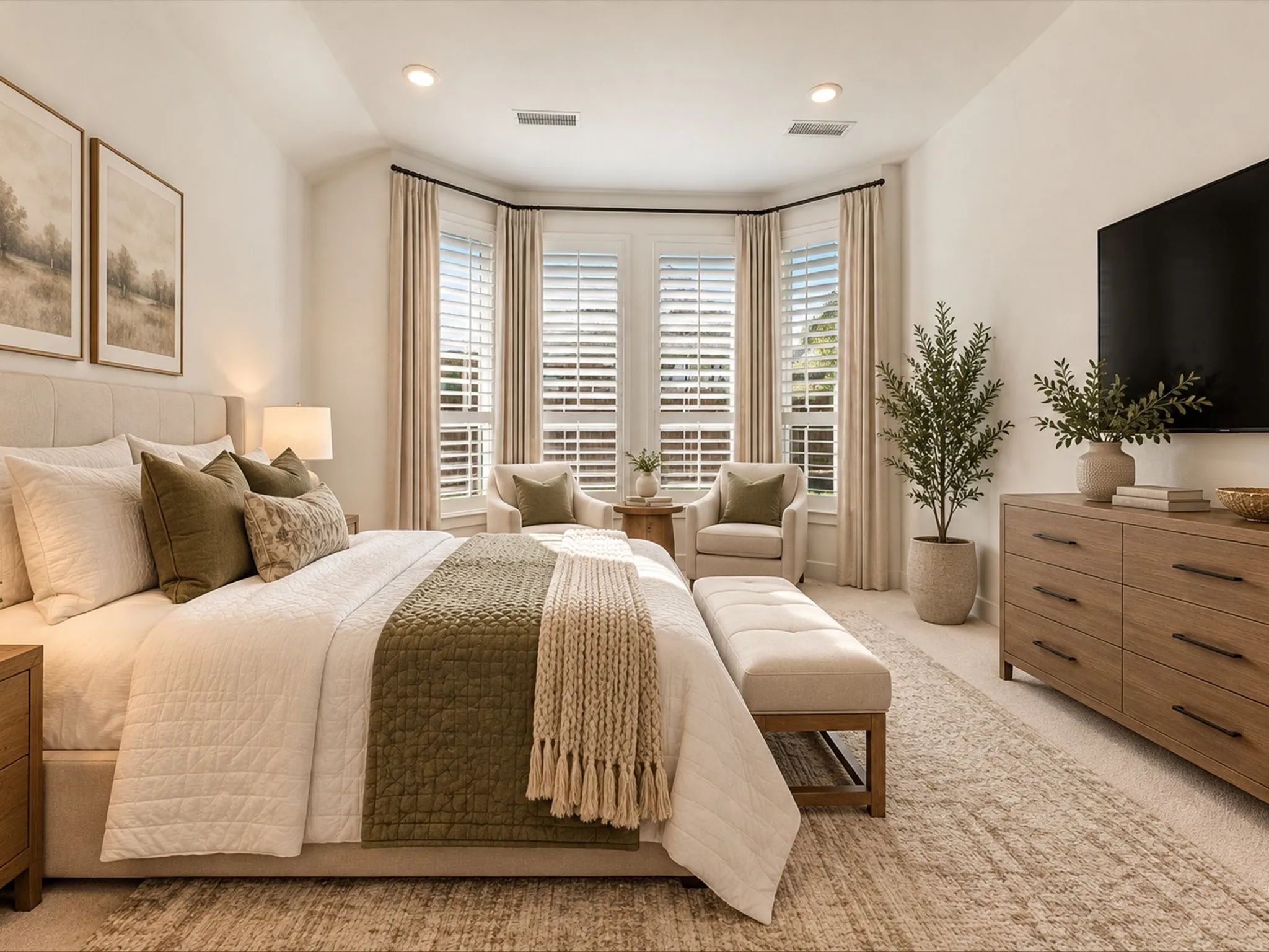 Bay window with plantation shutters and drapes, recessed lighting, carpet flooring, and a built-in media wall