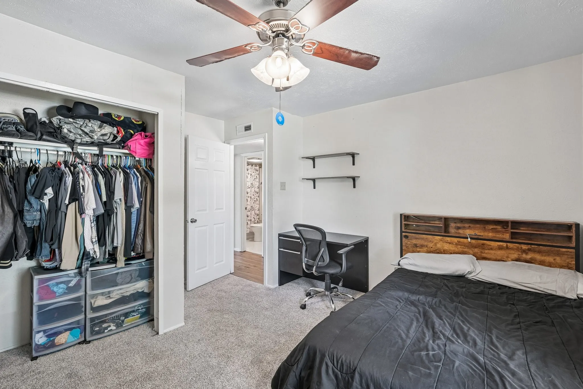 Recessed closet with clothes rod, ceiling fan with light fixture, carpet flooring, and a white paneled door