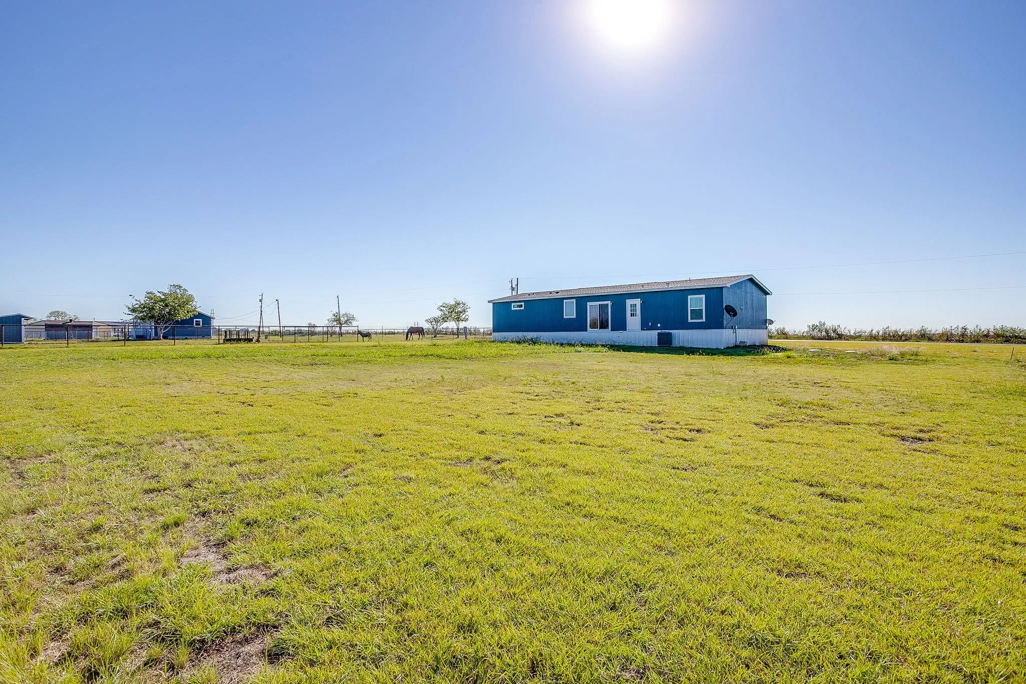 Expansive grassy lot featuring a blue exterior manufactured home with white trim, multiple windows, and a sliding glass door