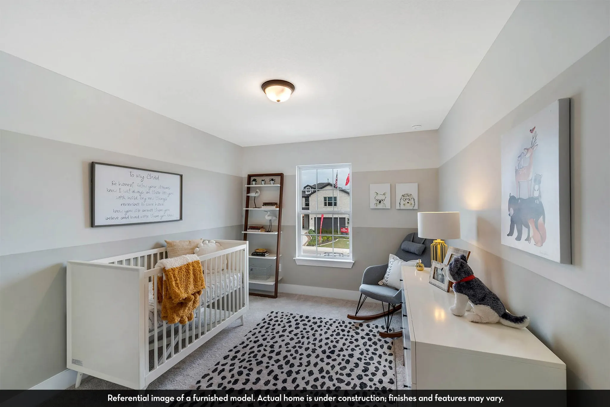 Recessed lighting and a flush mount fixture illuminate the room