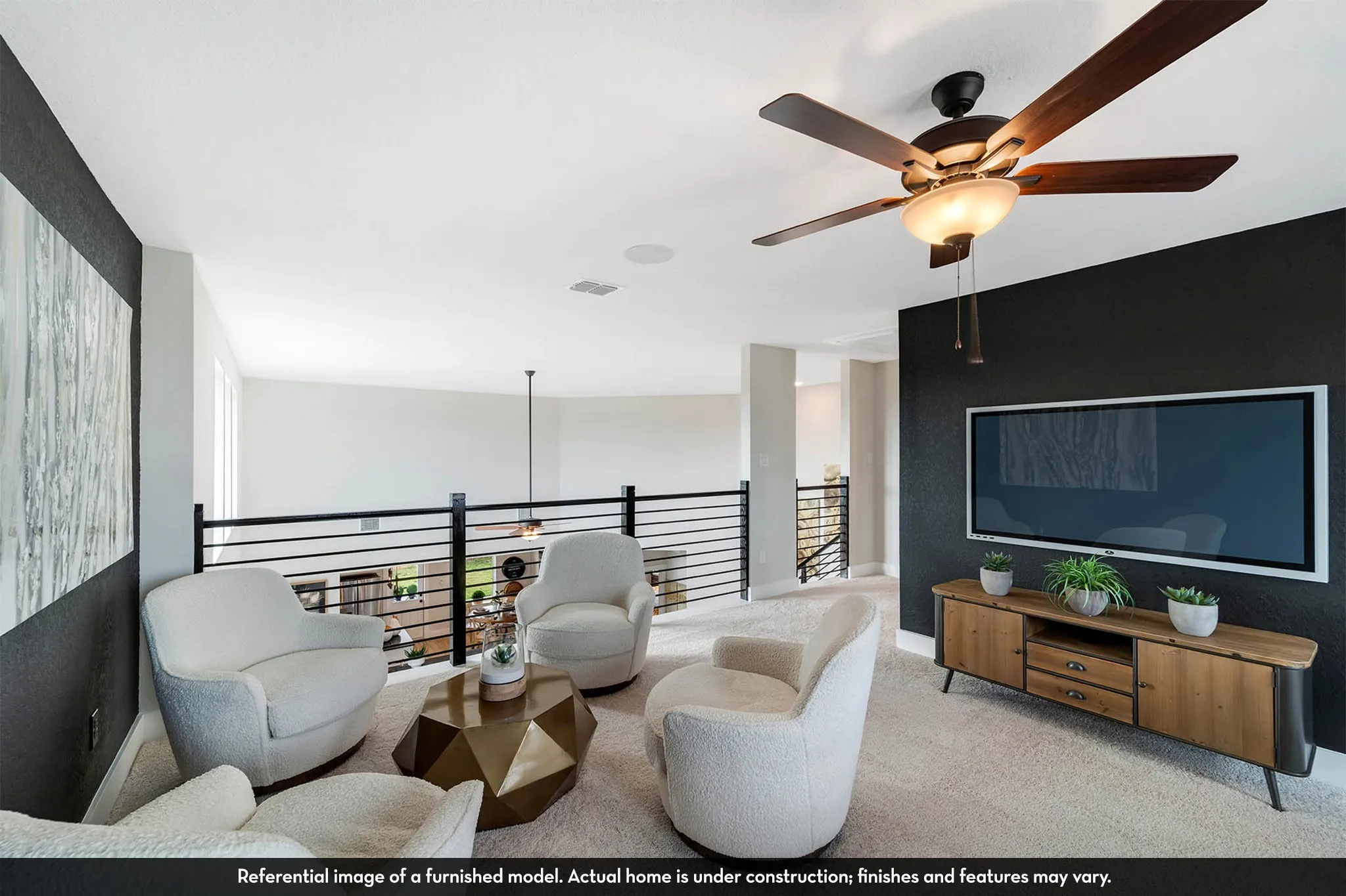 Carpeted loft area featuring a ceiling fan with integrated lighting, a built-in television, and horizontal metal railing
