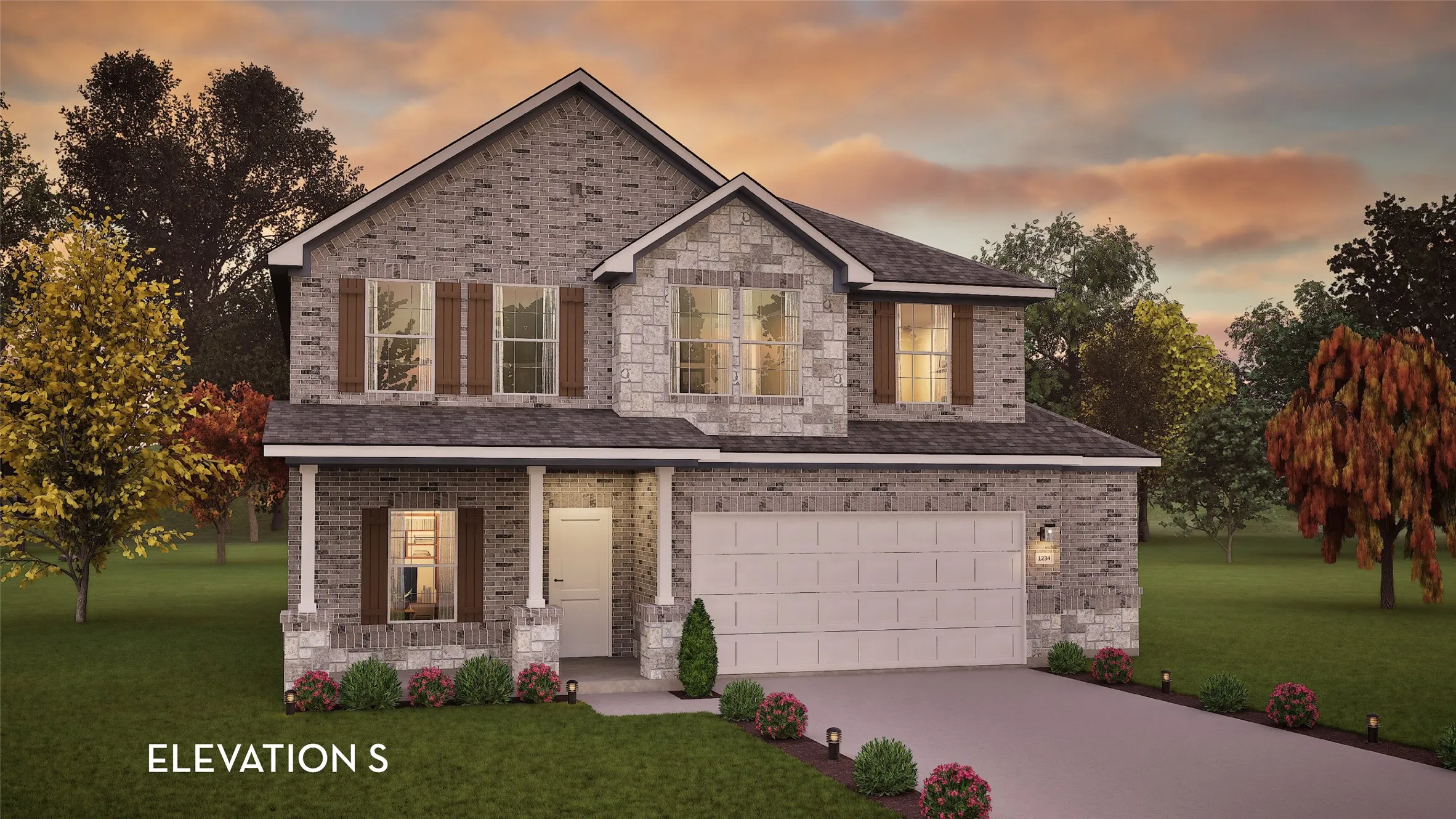 Two-story exterior with a blend of brick and stone masonry, featuring a covered front porch with columns
