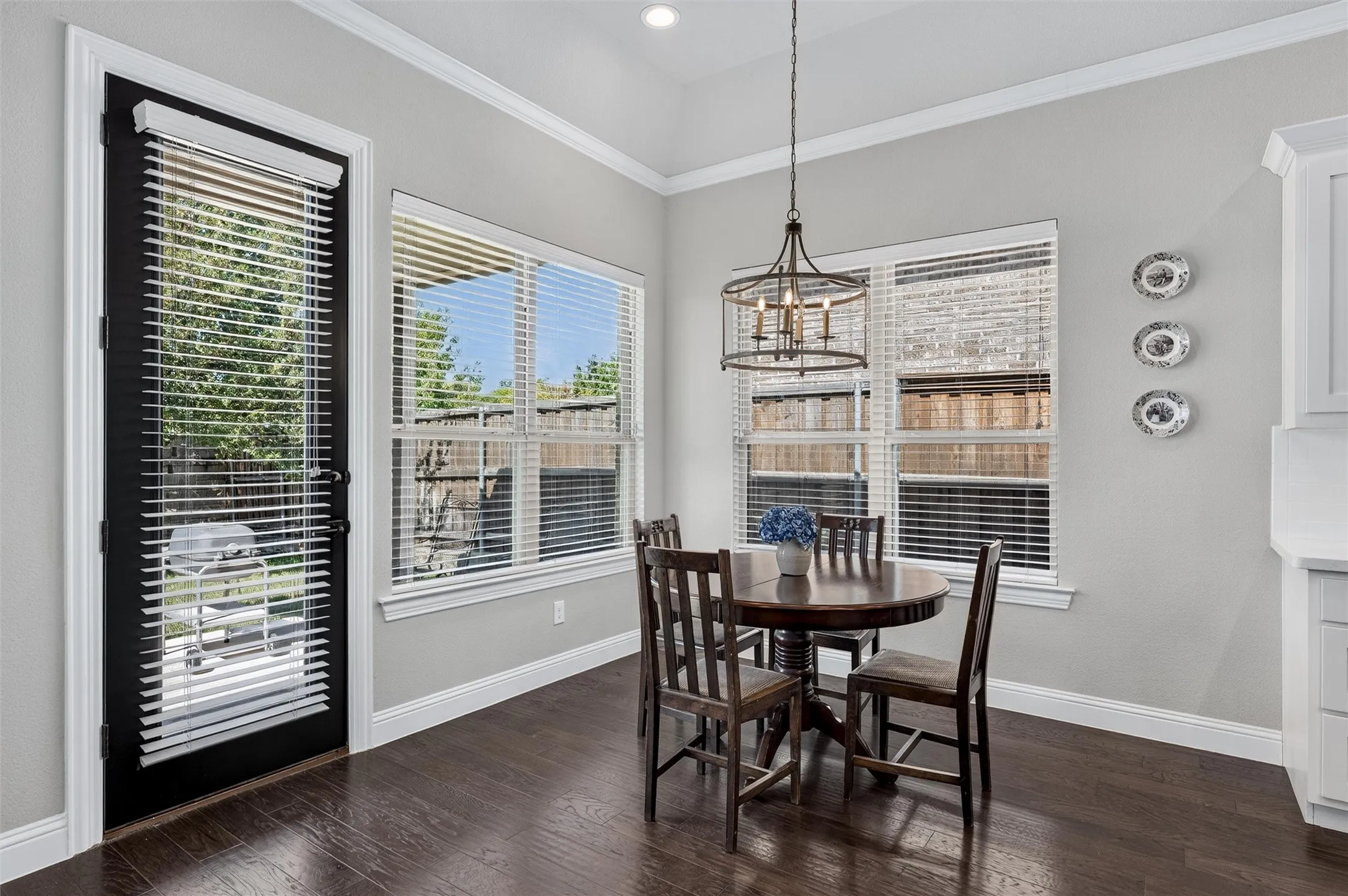 Dark wood-finish flooring, white trim, and light gray wall paint
