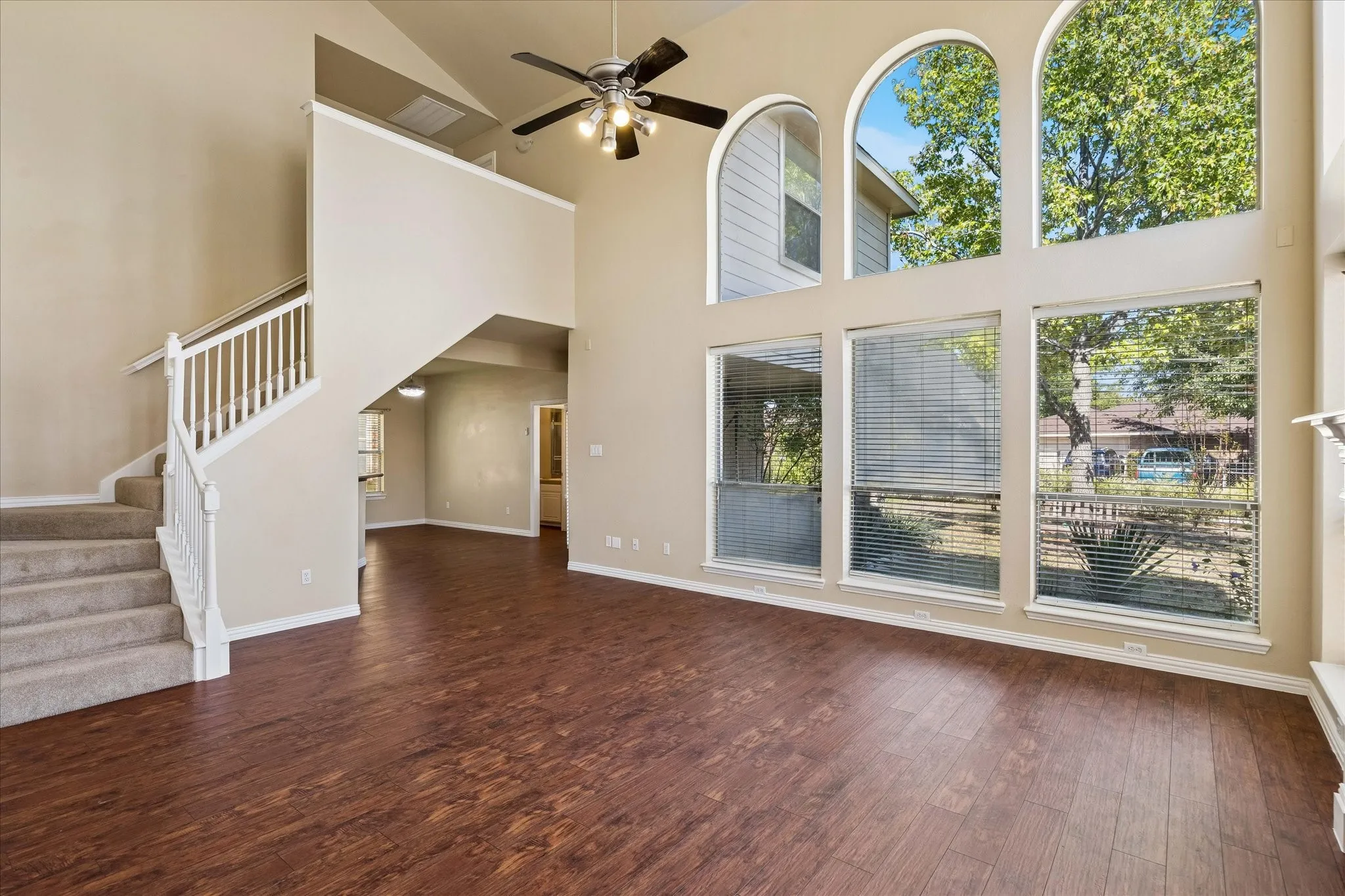View of the living room with wall to ceiling windows