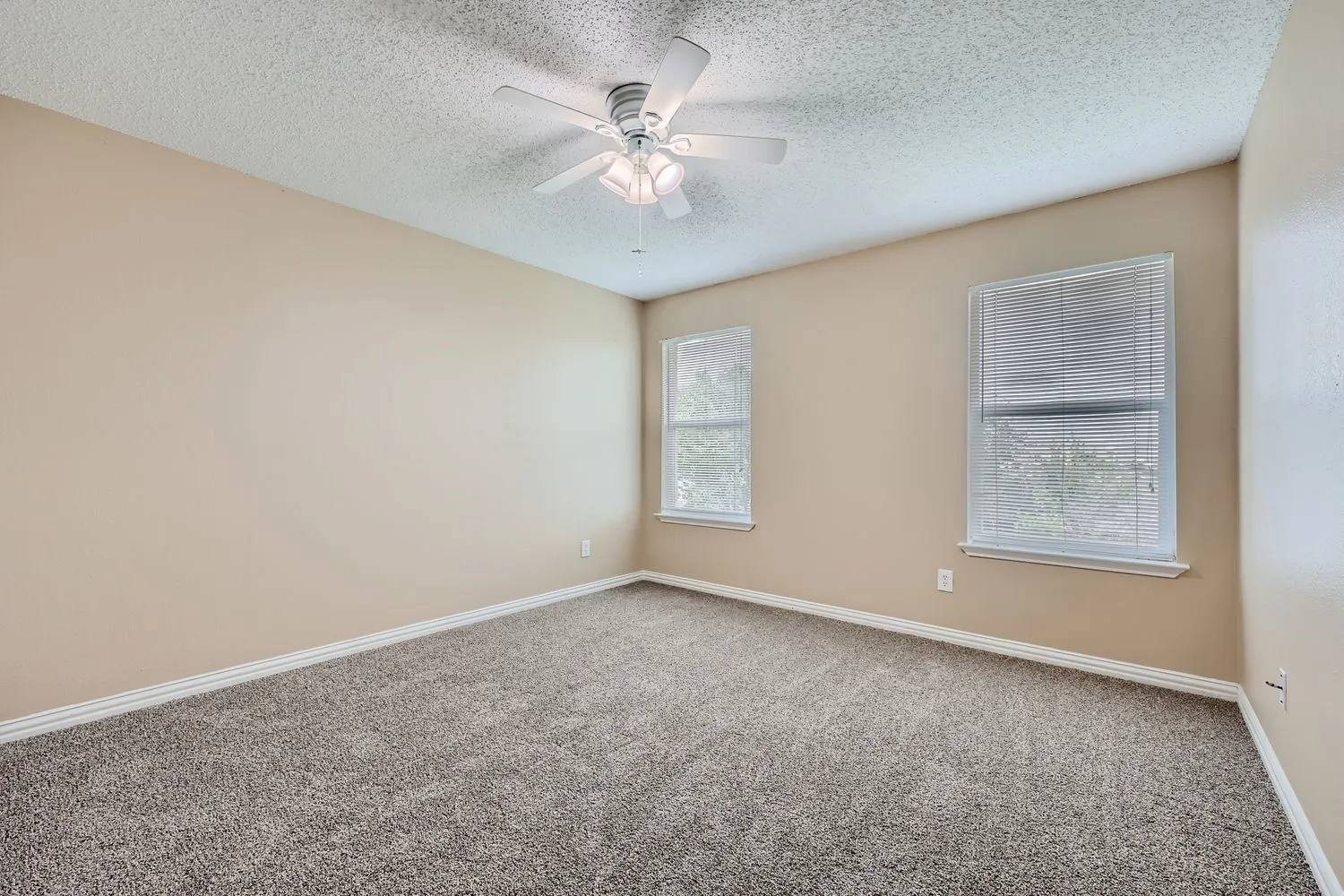 Neutral-toned walls, textured ceiling, and two windows with blinds
