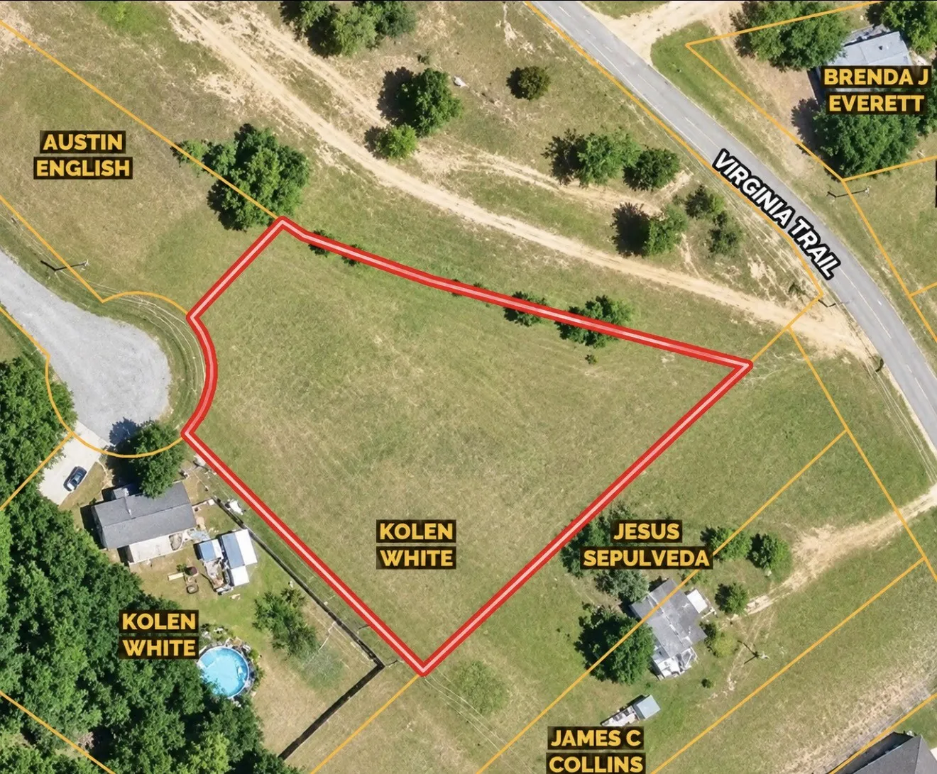 Aerial Parcel Map. Outlining the property boundaries and identifying adjacent property owners and roadways