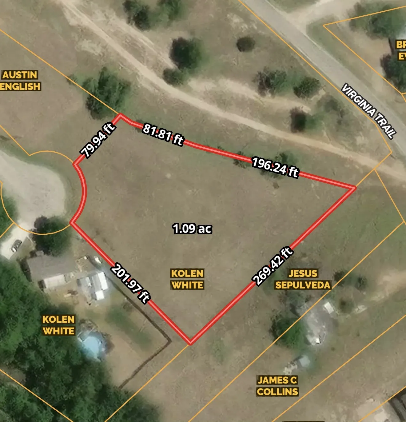 Plat Map. Displaying the property boundaries, dimensions, acreage, and adjacent owner details