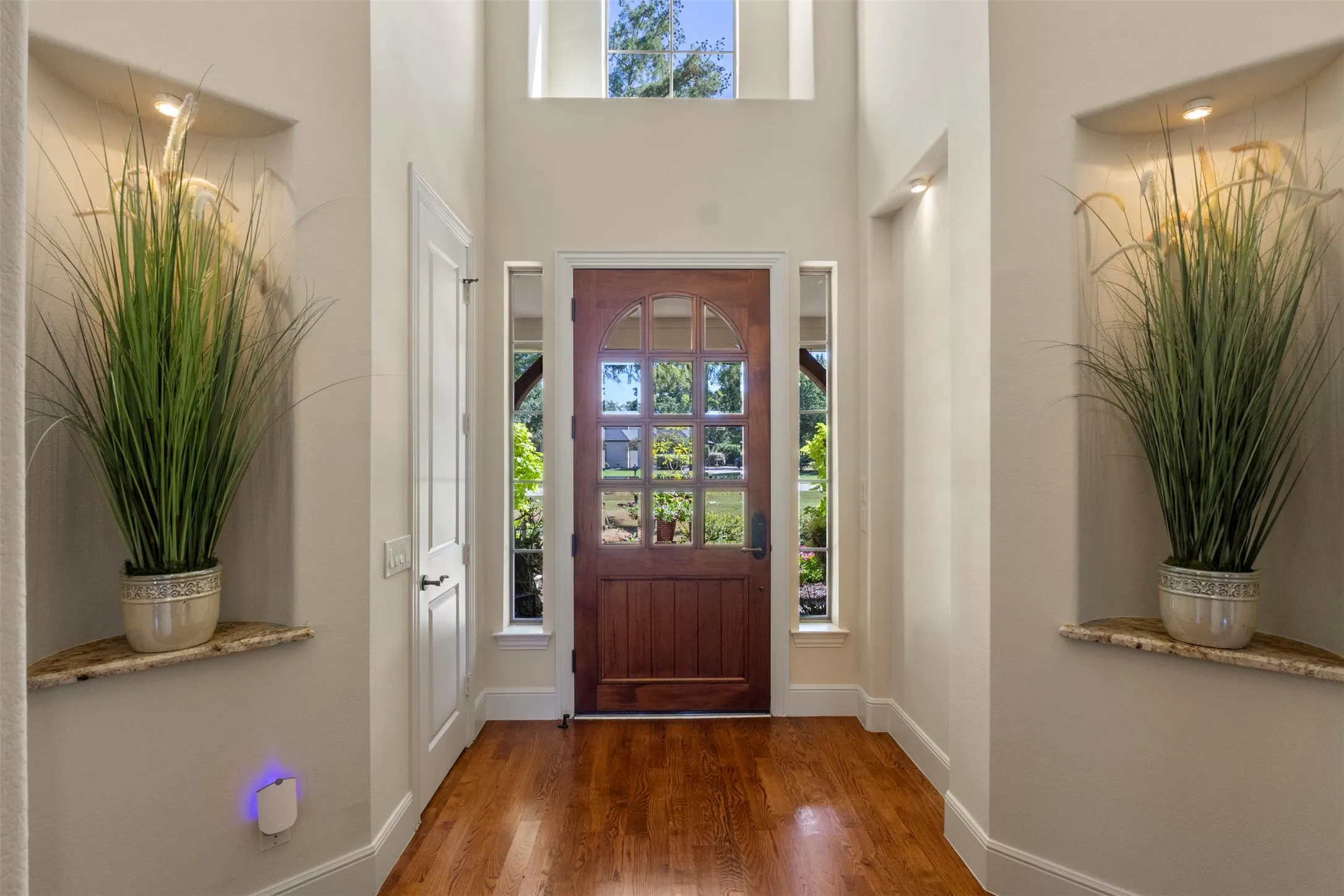 Hardwood flooring, arched wood-panel entry door, recessed alcoves with accent lighting, transom window, sidelight windows