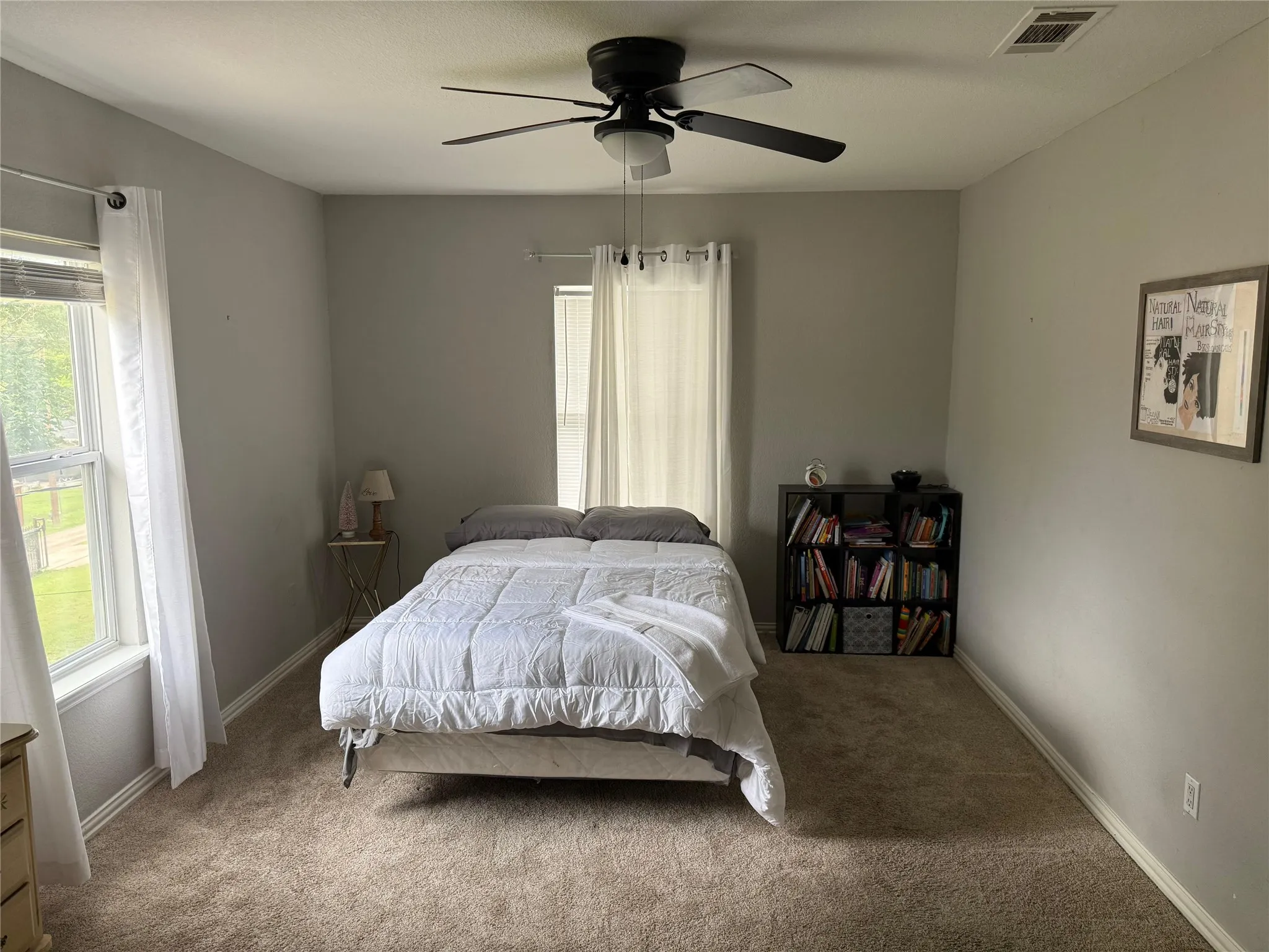 Ceiling fan with light fixture, two windows, wall-to-wall carpeting, and painted walls
