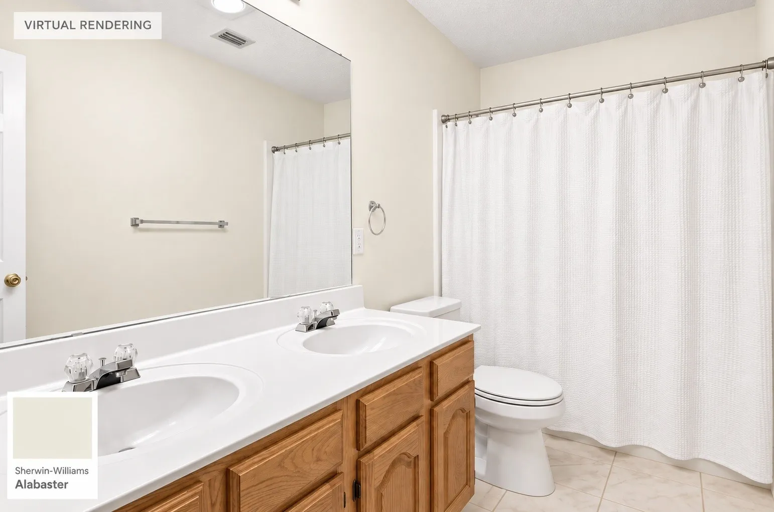 Double vanity with integrated sinks, wood-finish cabinetry, a full-width mirror, and a tile floor