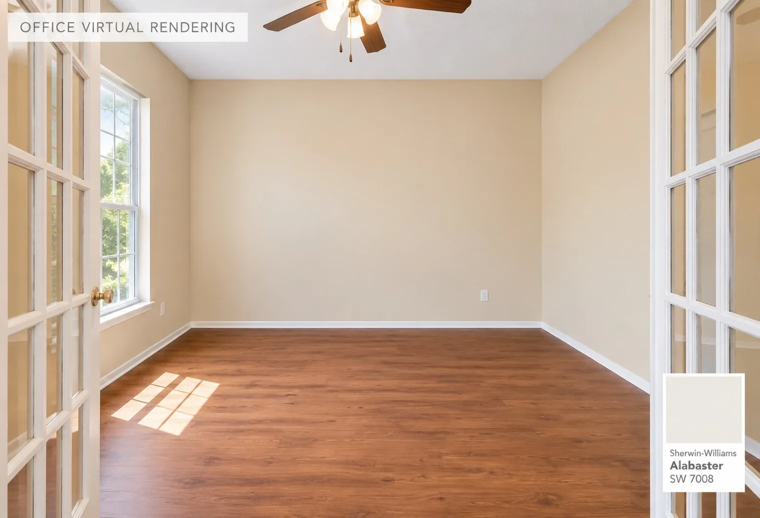 Room featuring wood-finish flooring, dual French glass doors, and a ceiling-mounted light fixture with fan blades