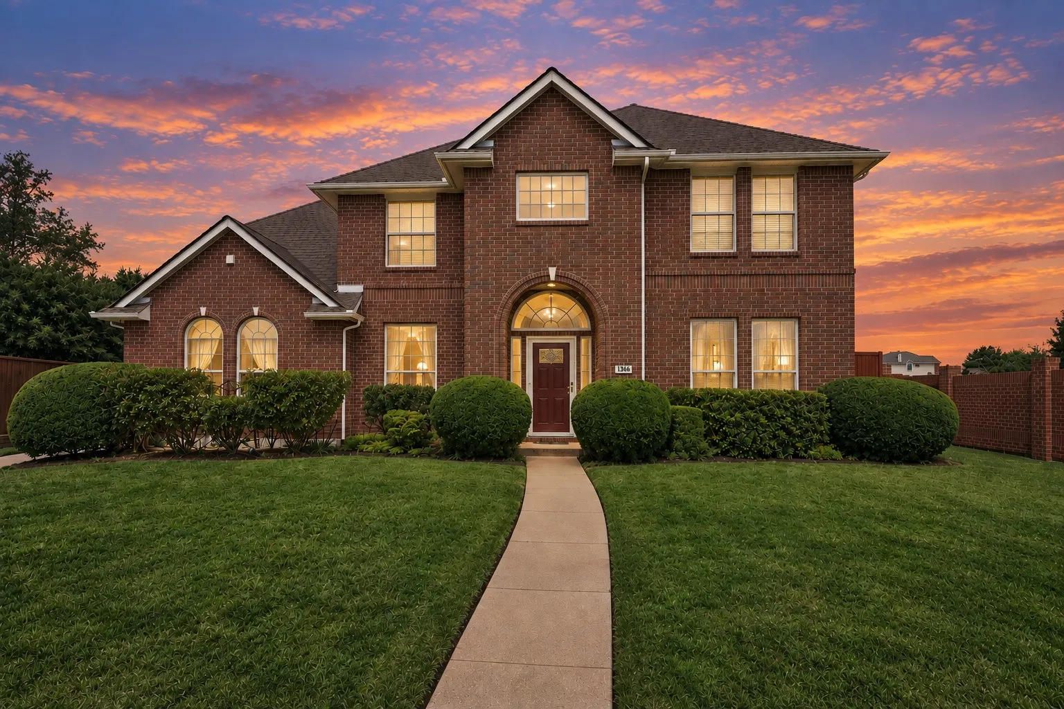 Brick-clad exterior with a prominent arched entry, multiple gabled rooflines, and a manicured lawn