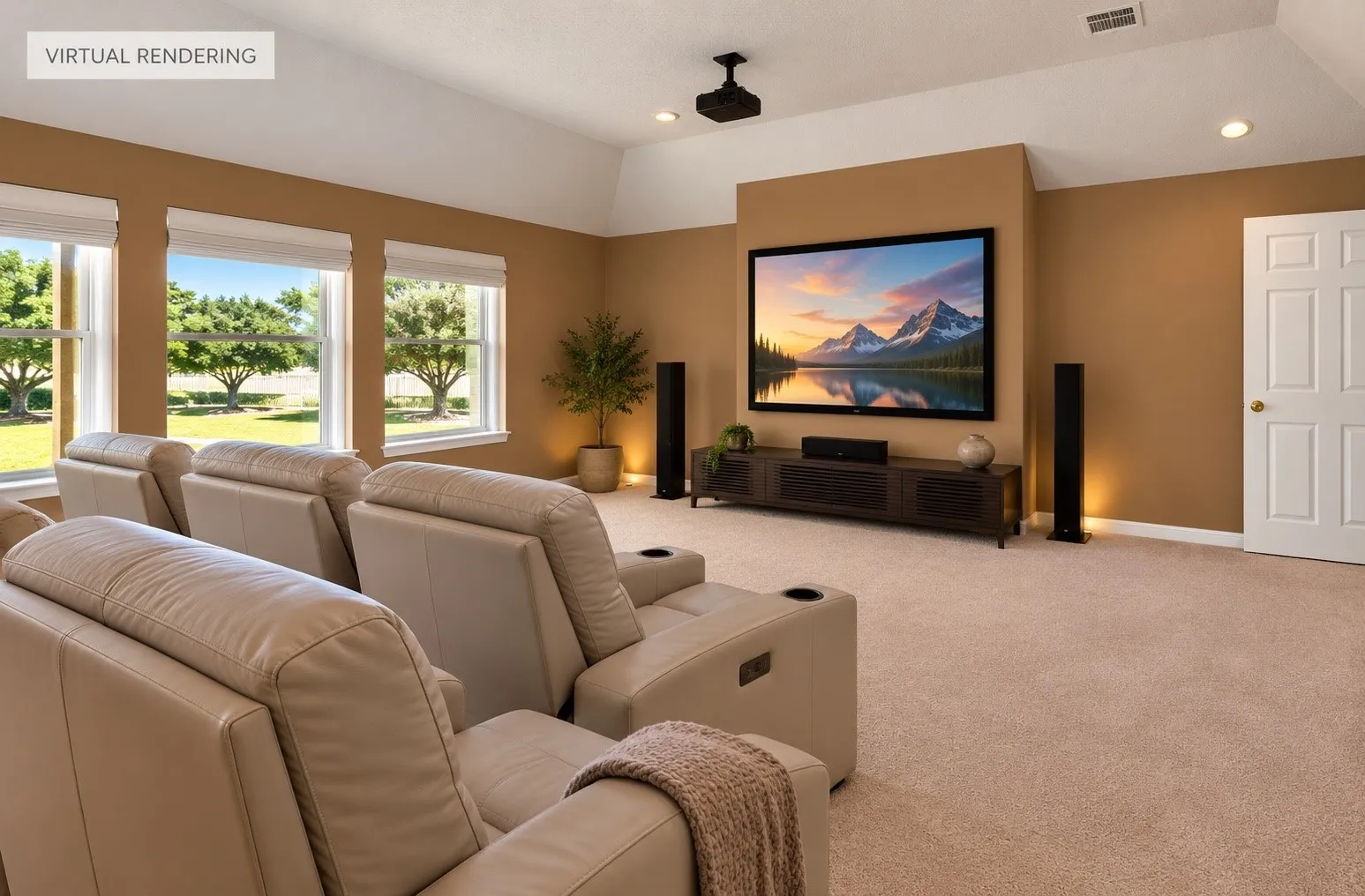 Projection screen with ceiling-mounted projector, recessed lighting, and wall-mounted television