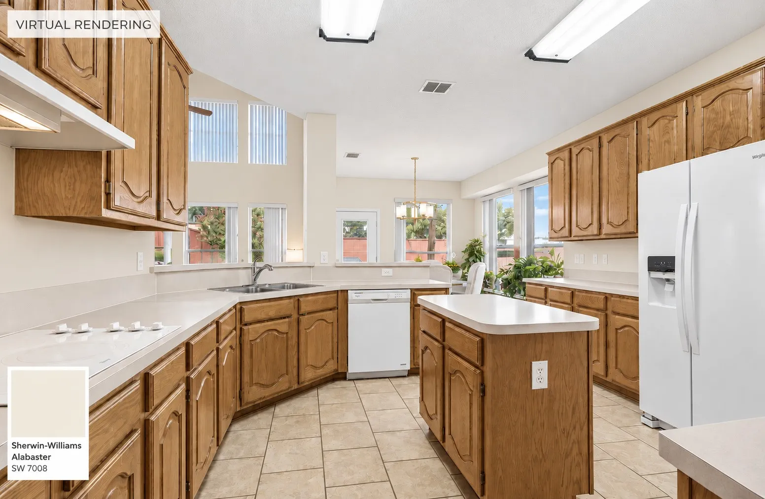 Kitchen featuring extensive wood cabinetry, white countertops, a central island, tile flooring, and integrated white appliances