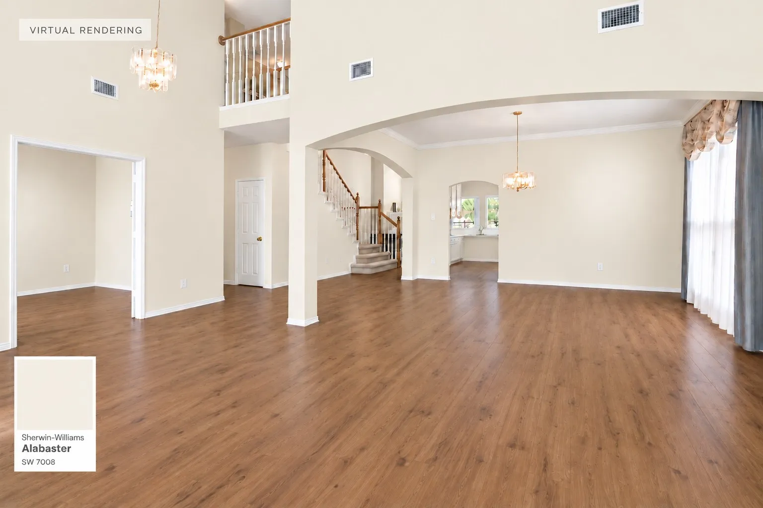 Double-height ceiling, wood-finish flooring, architectural archways, staircase with decorative railings, and crystal-style chandelier lighting