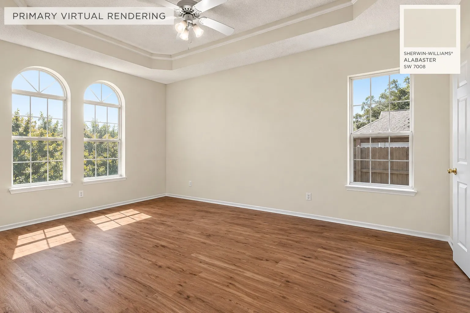 Tray ceiling with a ceiling fan and integrated lighting