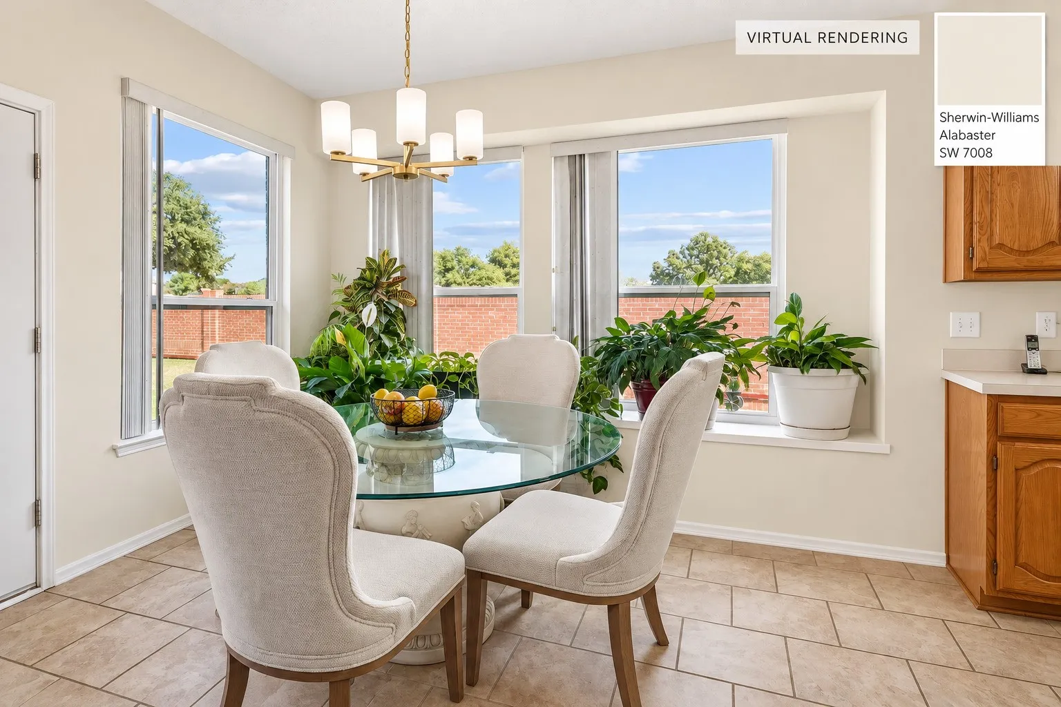 Bay window with a deep sill, tile flooring, and an overhead light fixture