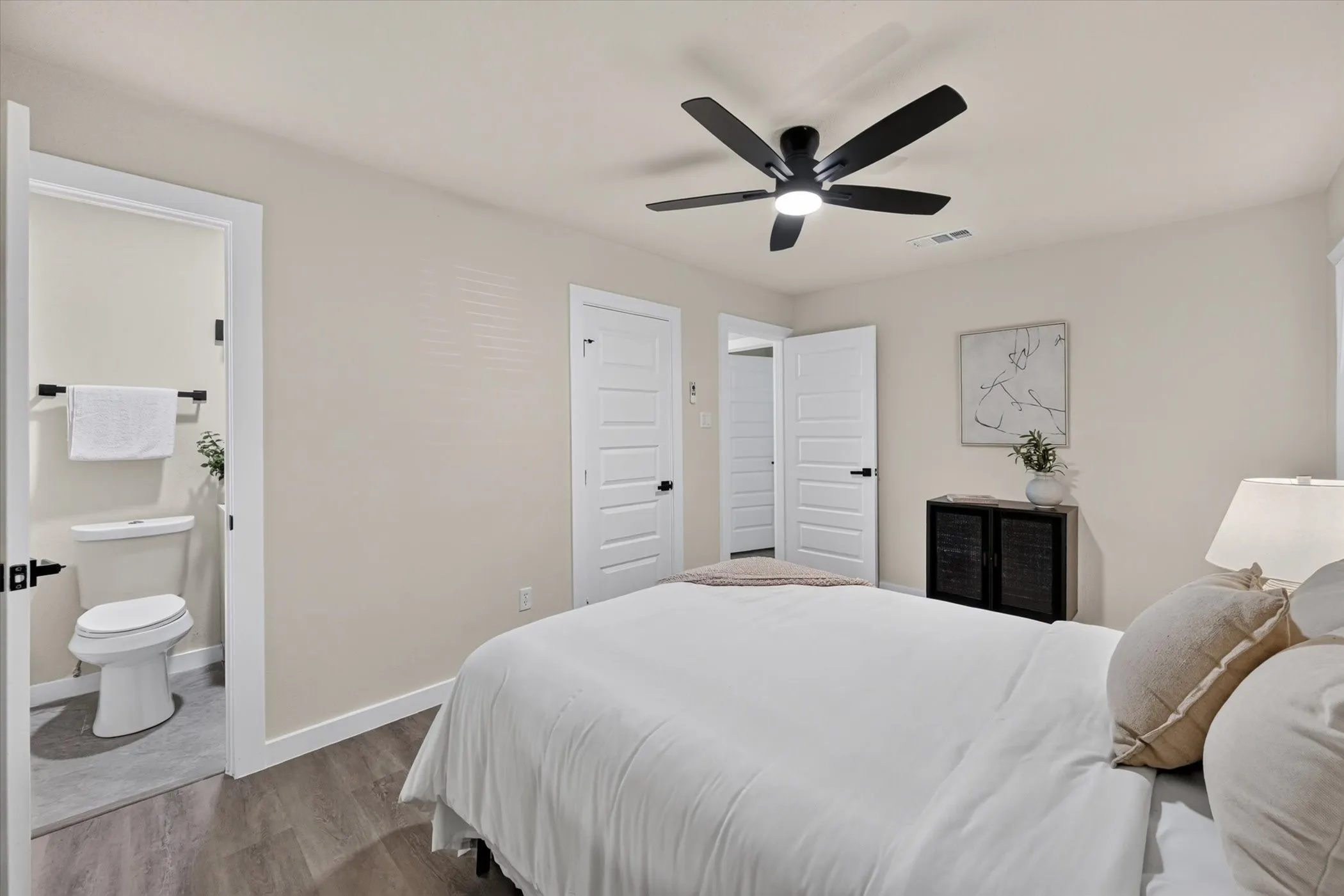 Wood-finish flooring with white trim