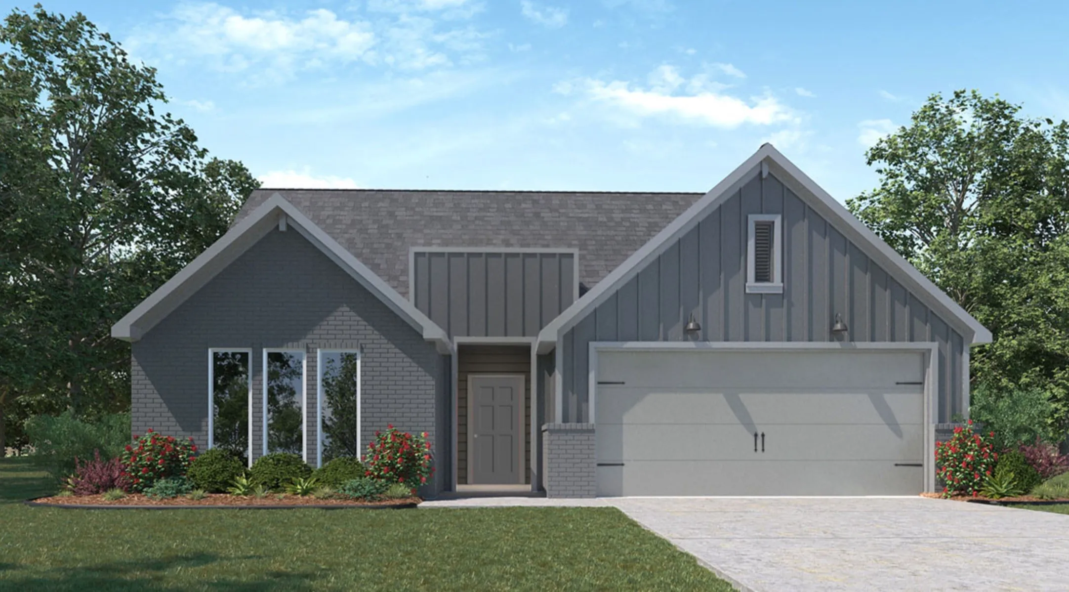 Contemporary facade with a dark gray brick and vertical siding exterior, an attached two-car garage, a gray shingle roof, and a concrete driveway