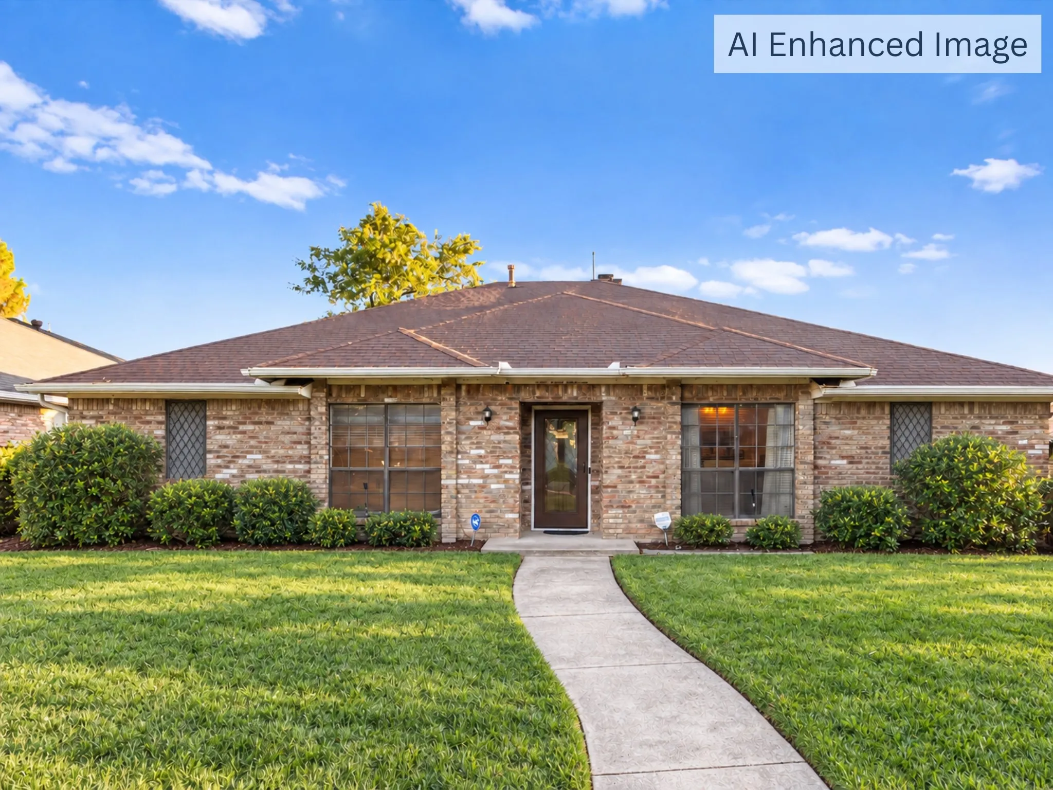 AI enhanced image. Brick ranch-style home featuring a prominent gabled roof, arched entryway with sidelights, and multi-pane windows