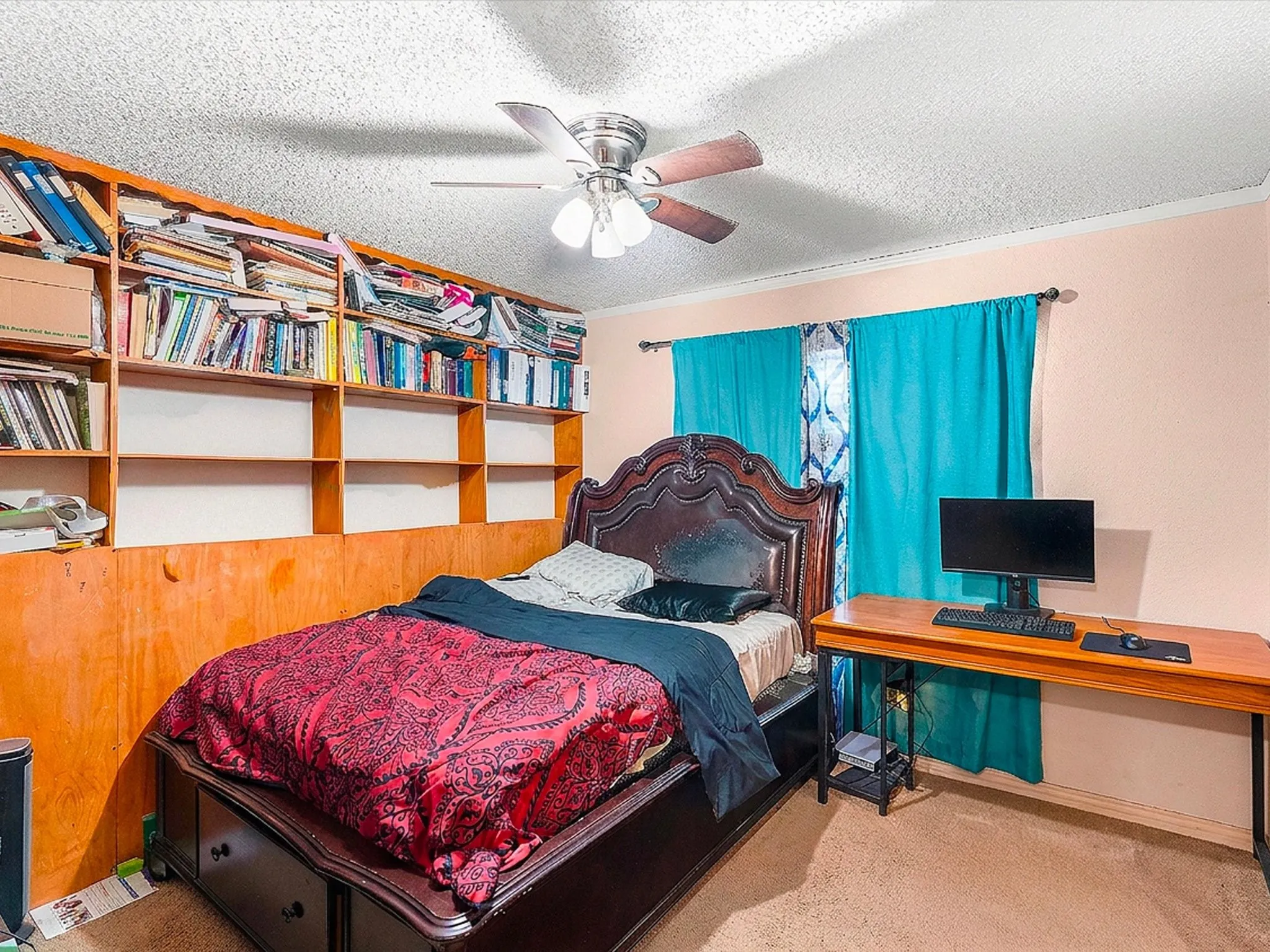 Built-in shelving, ceiling fan, carpet flooring