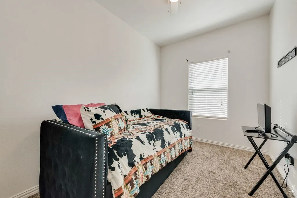 Carpeted room with a ceiling fan, a window with blinds, and white walls
