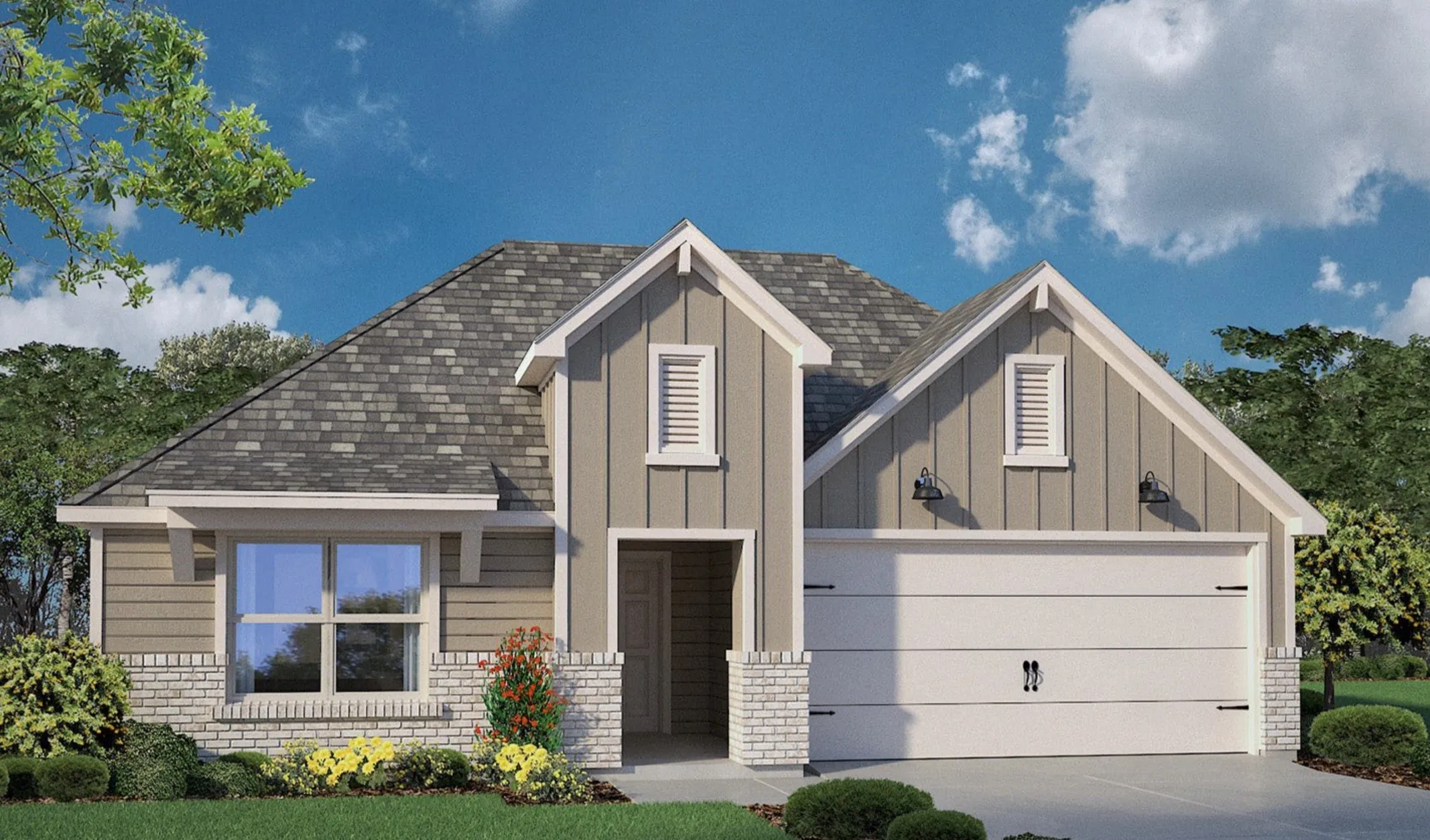 Exterior featuring horizontal siding, vertical board and batten accents, a shingle roof, a two-car garage, and stone veneer detailing