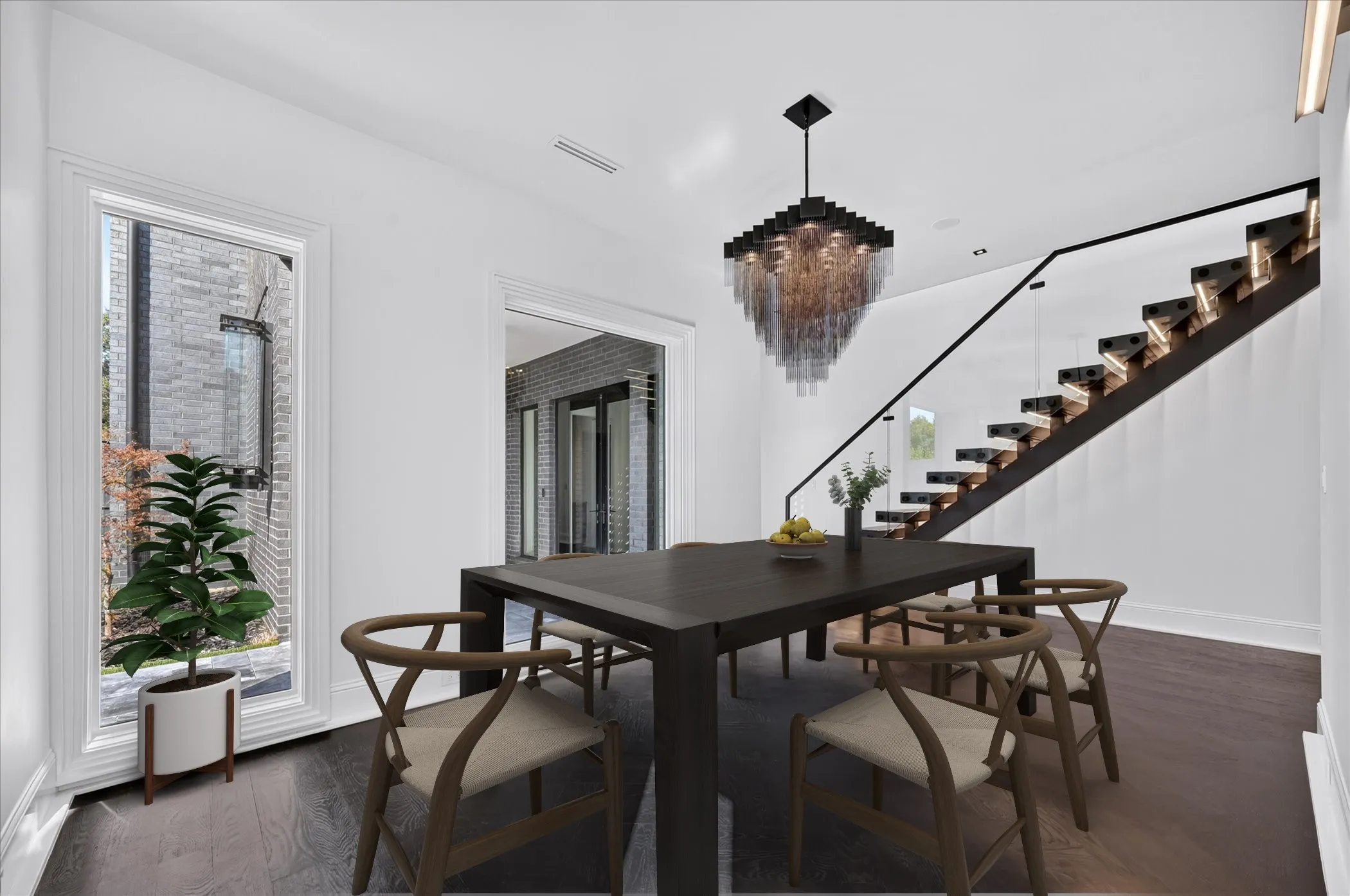 Dark wood-finish flooring with a modern floating staircase featuring glass railings