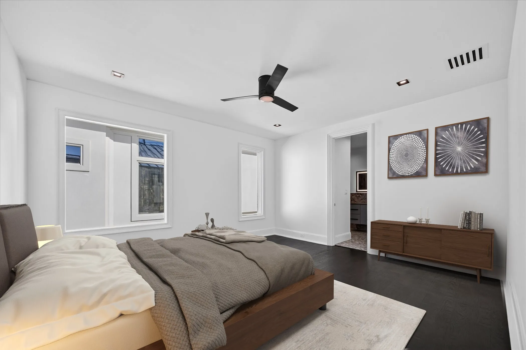 Dark wood-finish flooring, recessed lighting, white walls, and a ceiling fan