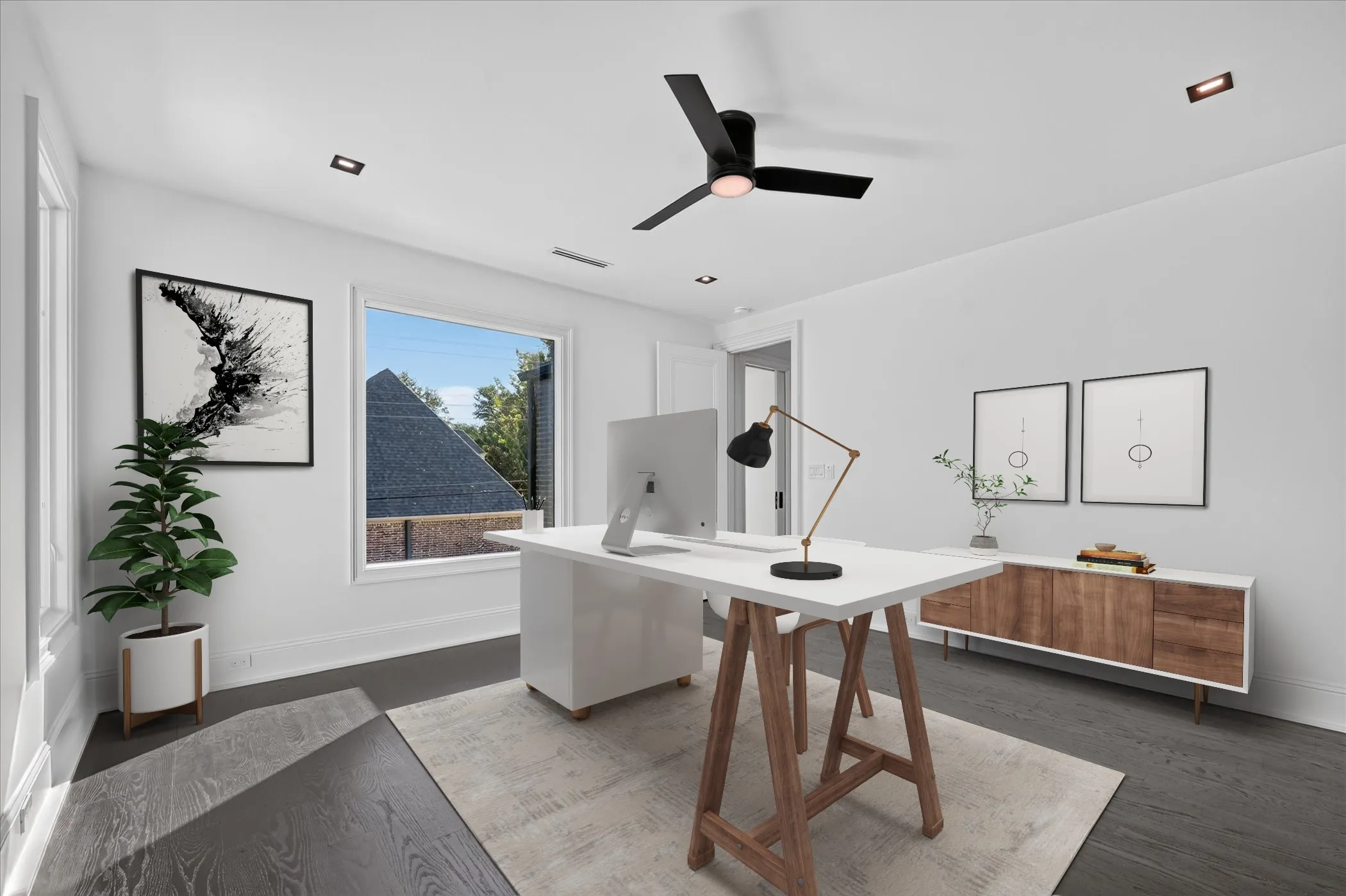 White walls with dark wood-finish flooring, a ceiling fan, recessed lighting, and a large window