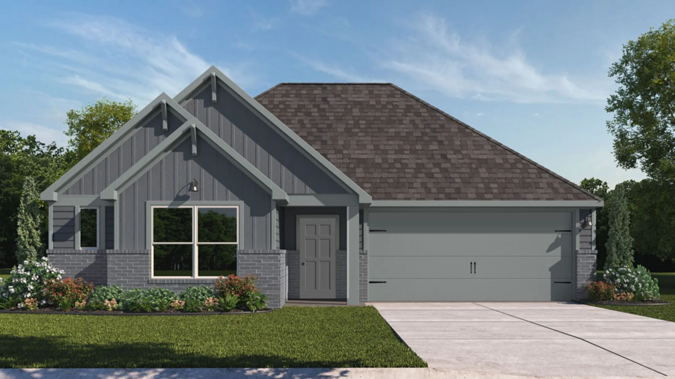 Contemporary exterior with board and batten siding, brick detailing, and a shingle roof