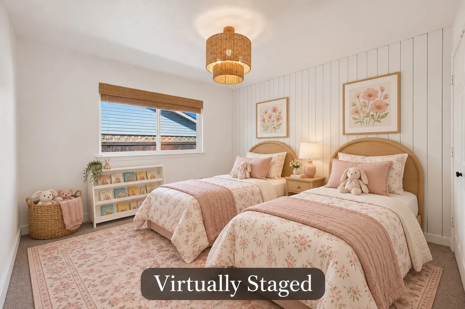 White beadboard detailing, woven window coverings and a decorative light fixture add charm and texture to this bright secondary bedroom. Virtually staged.