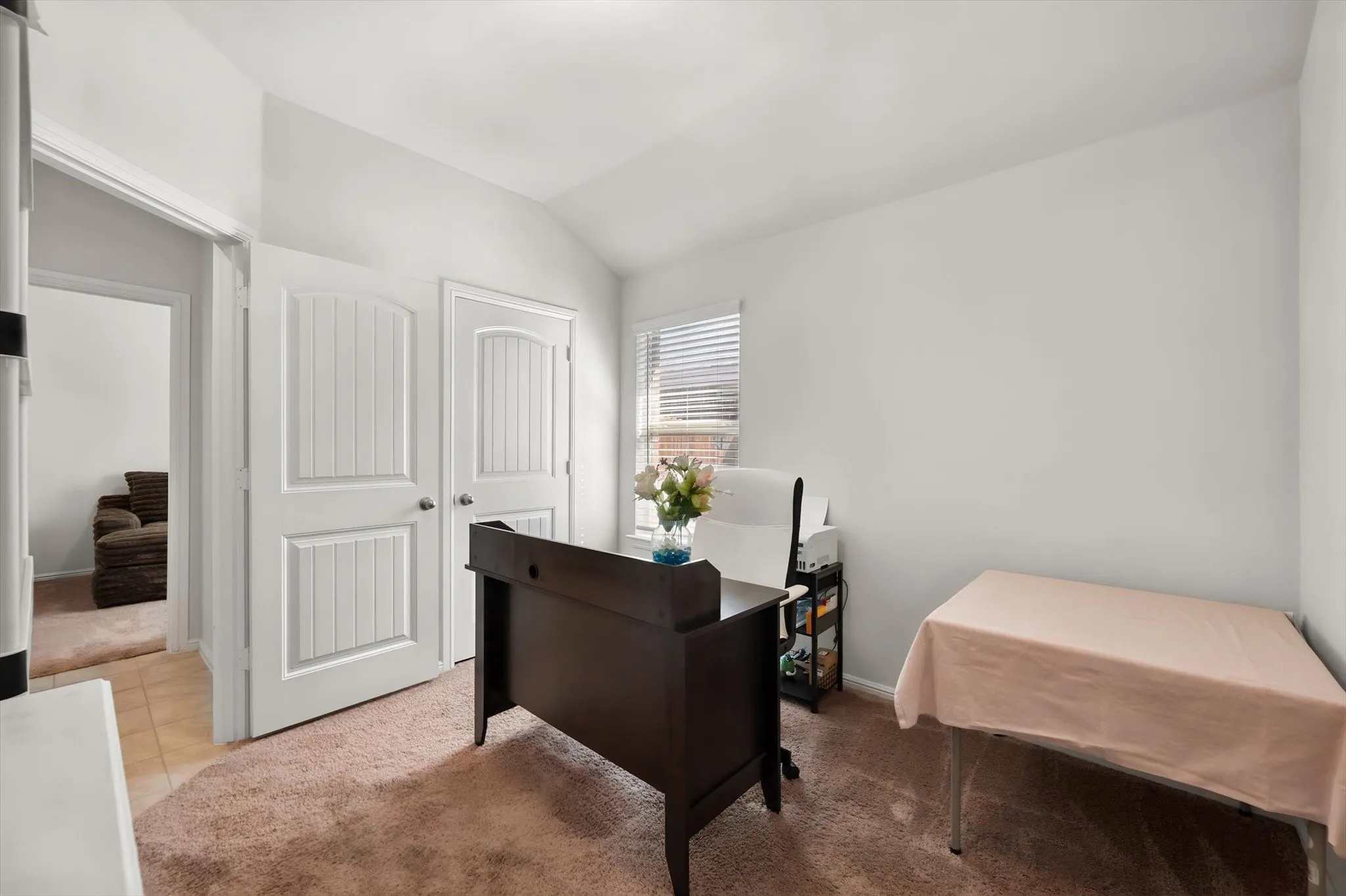 Vaulted ceiling with white walls, carpeted flooring, and white paneled doors