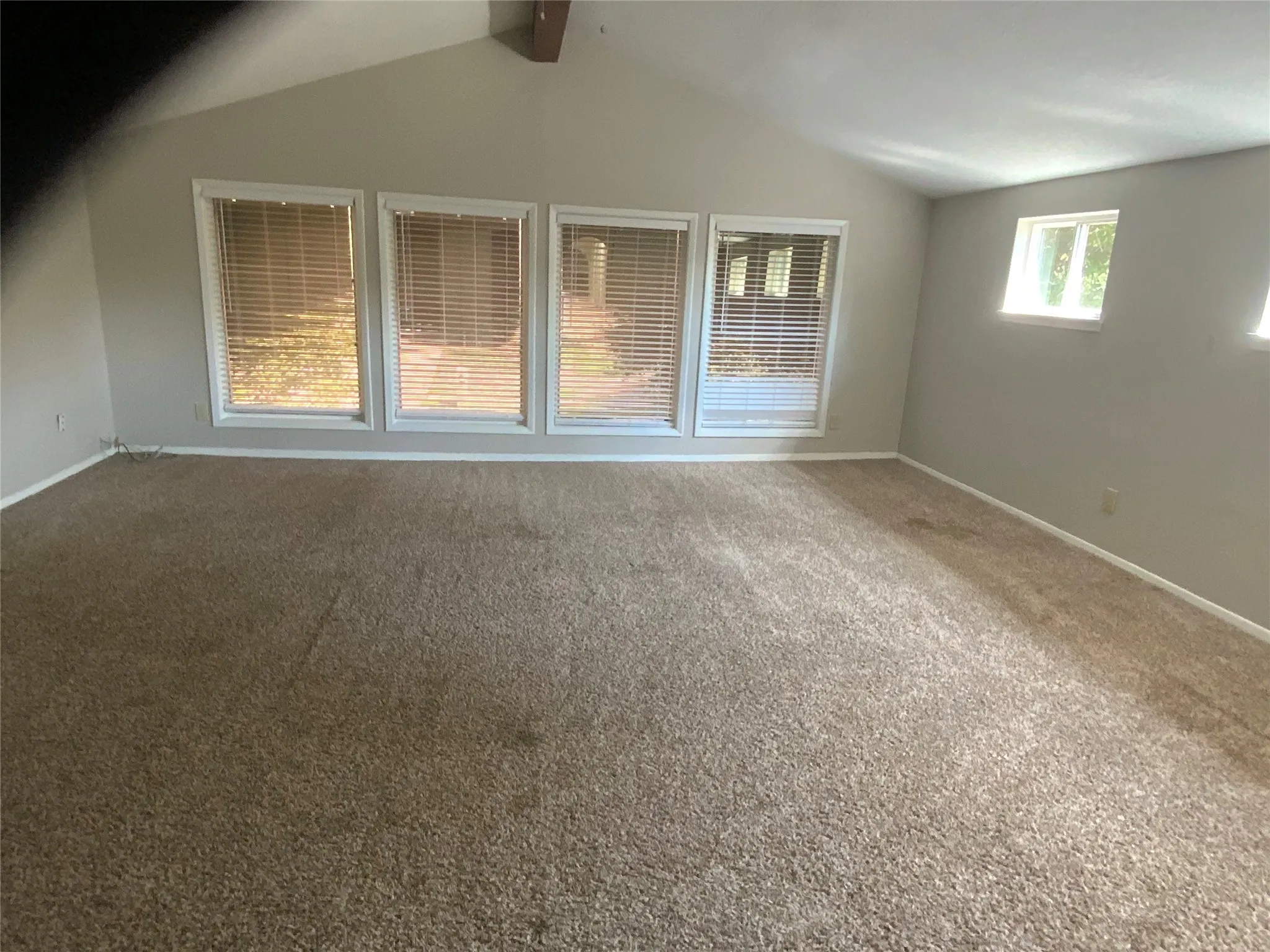 Vaulted ceiling with an exposed beam, multiple windows with blinds, and neutral-toned carpeting