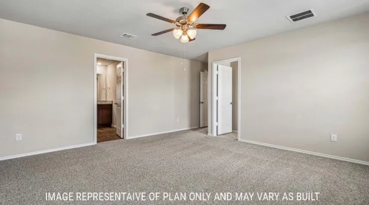 Plush carpeting, neutral wall tones, and a ceiling fan with integrated lighting