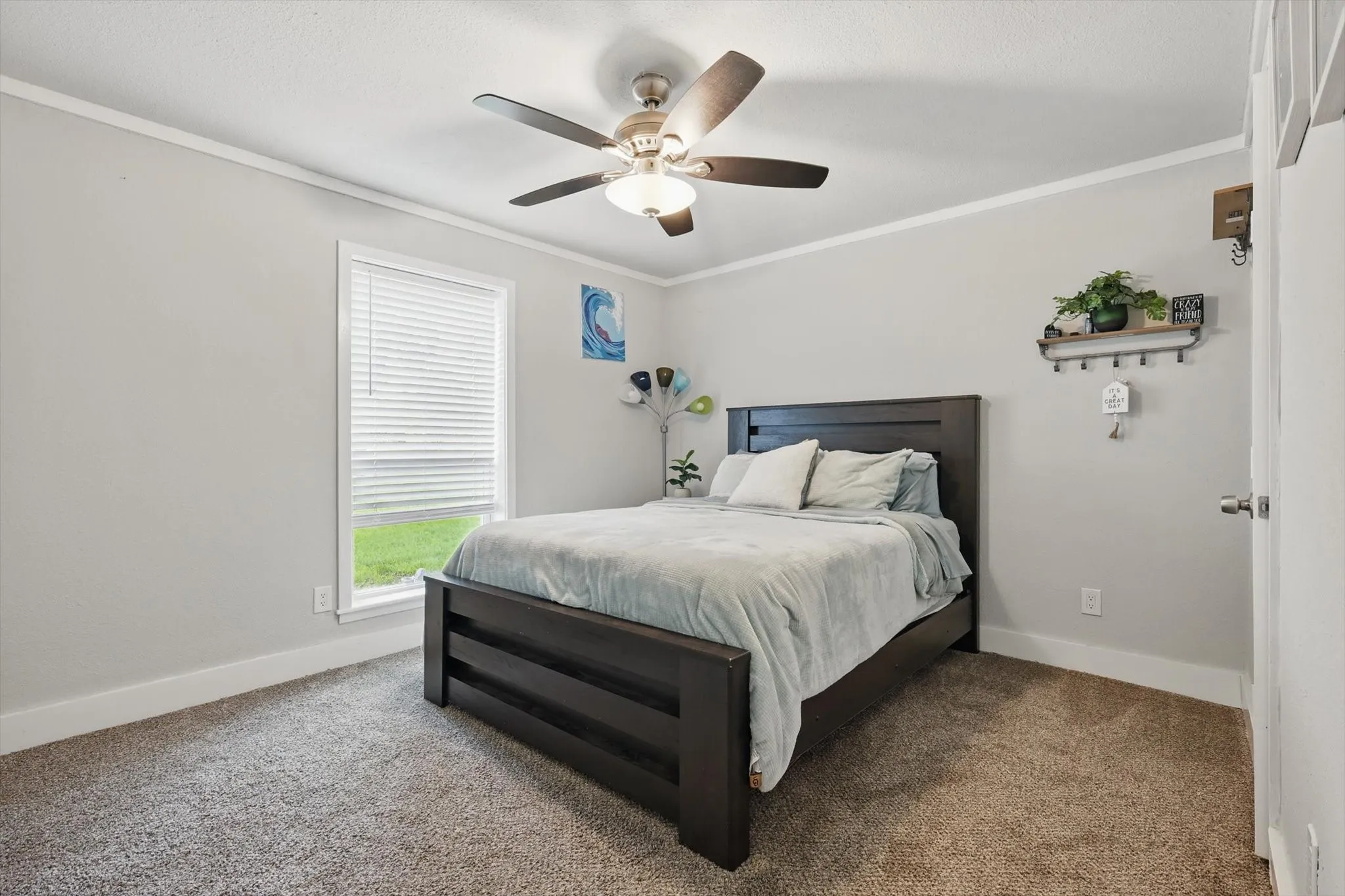 Neutral wall paint with white trim, ceiling fan with light fixture, window with blinds, and carpeted flooring
