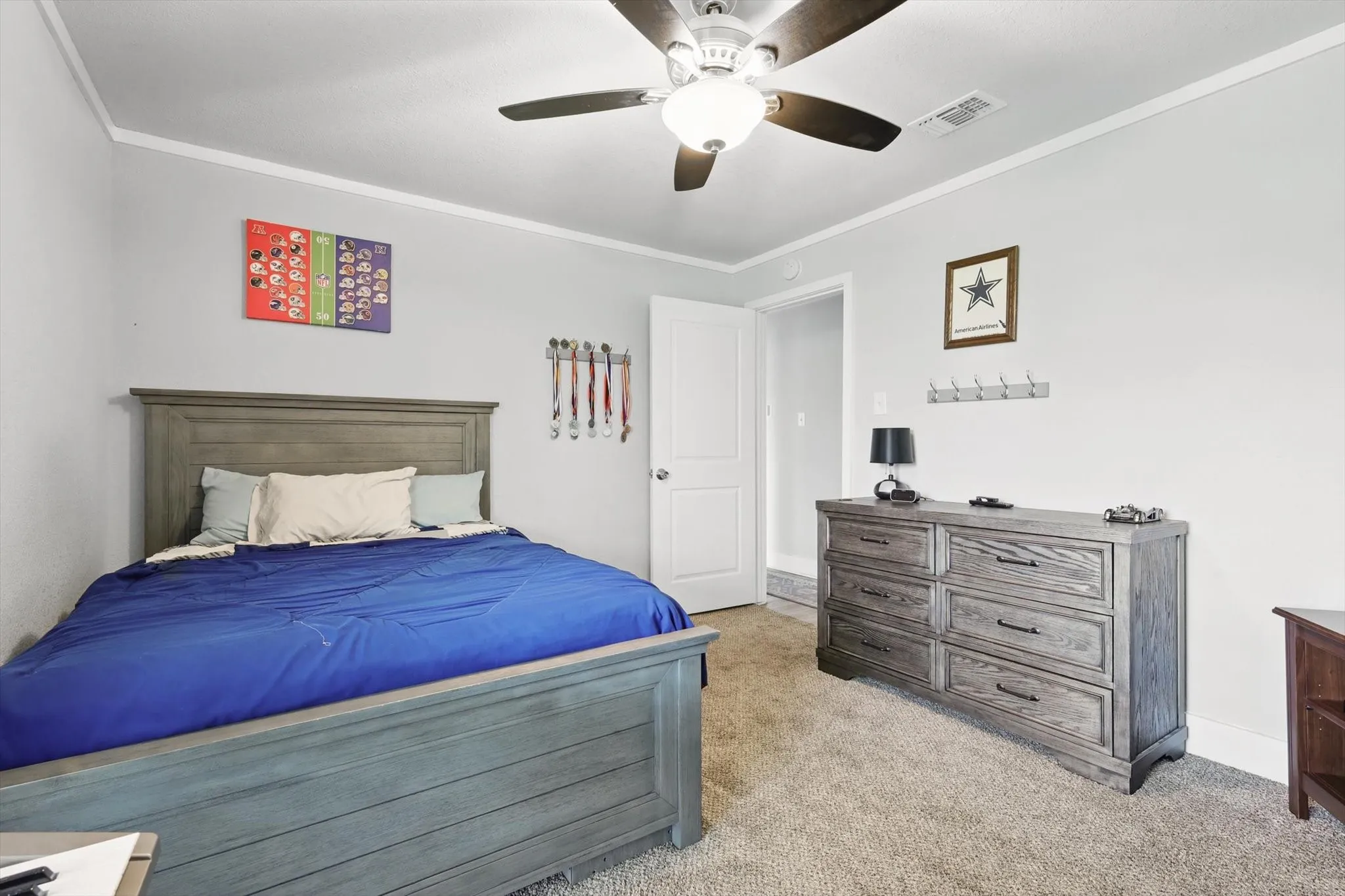 Light gray painted walls with white crown molding