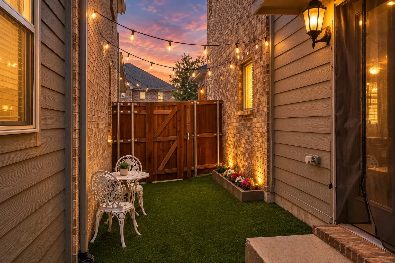 Private outdoor space with artificial turf, string lights, and brick exterior