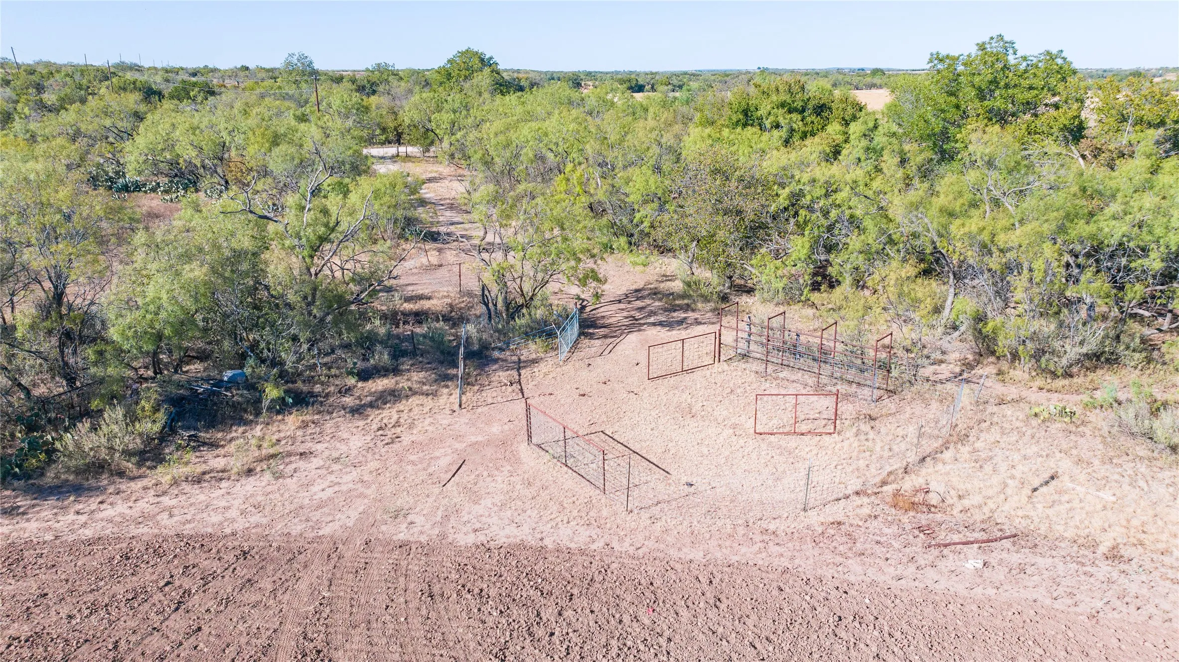 Enclosed area featuring metal fencing, surrounded by mature trees and native vegetation, with a visible dirt pathway