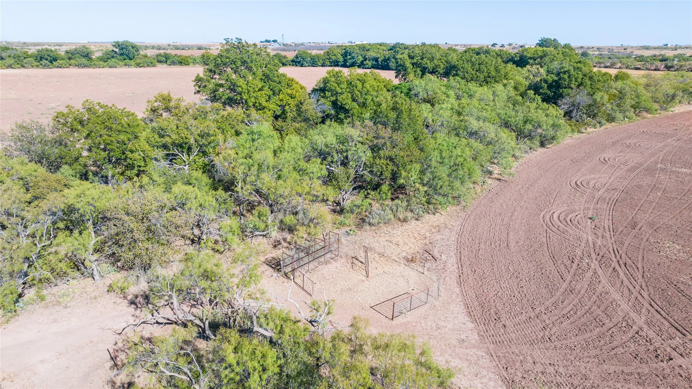 Expansive cultivated land bordered by mature trees and clear open land