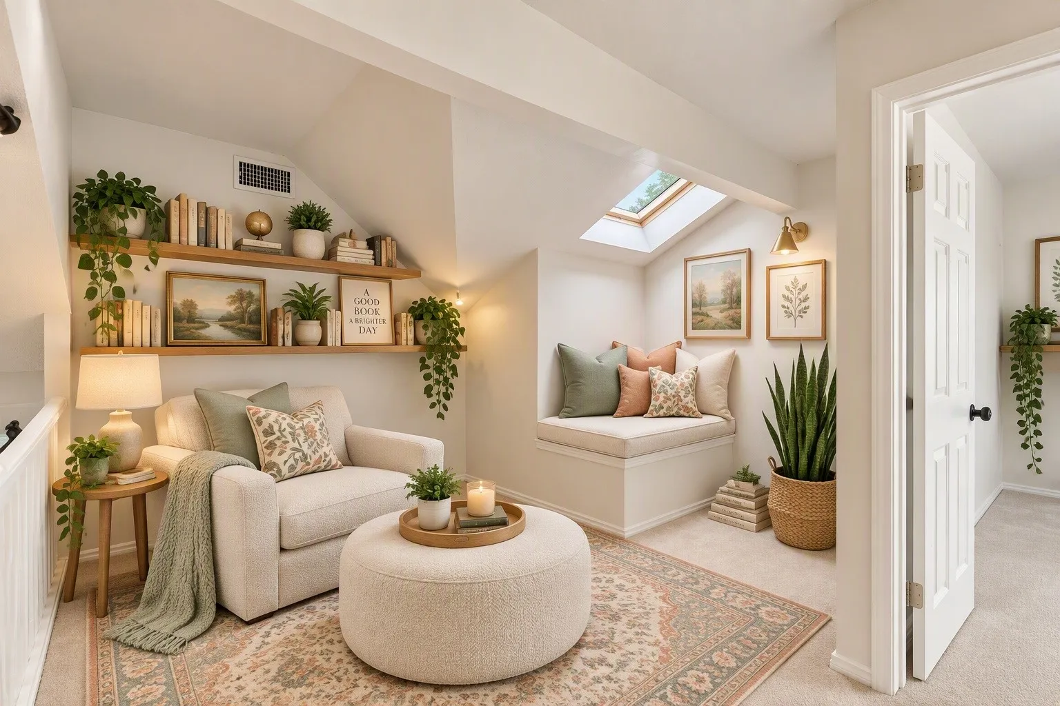 Virtually staged loft space has been arranged as a quiet get away -- grab your book or take a nap.