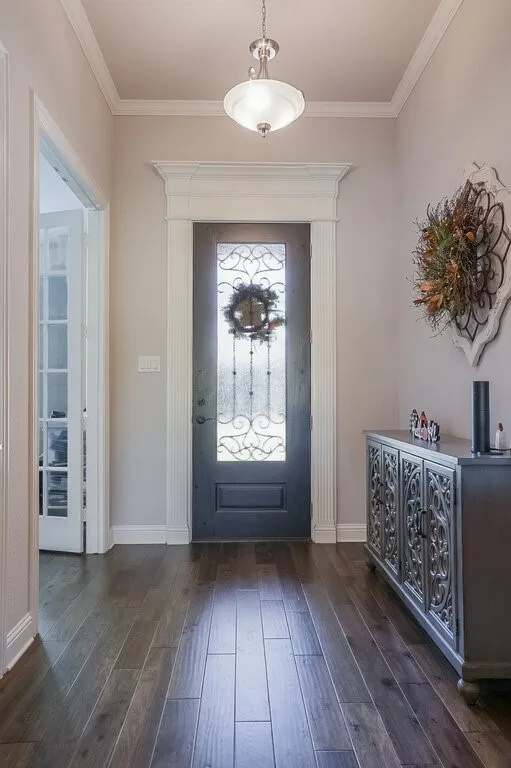 Entryway featuring wood-finish flooring, a decorative front door with ironwork, and an overhead semi-flush mount light fixture