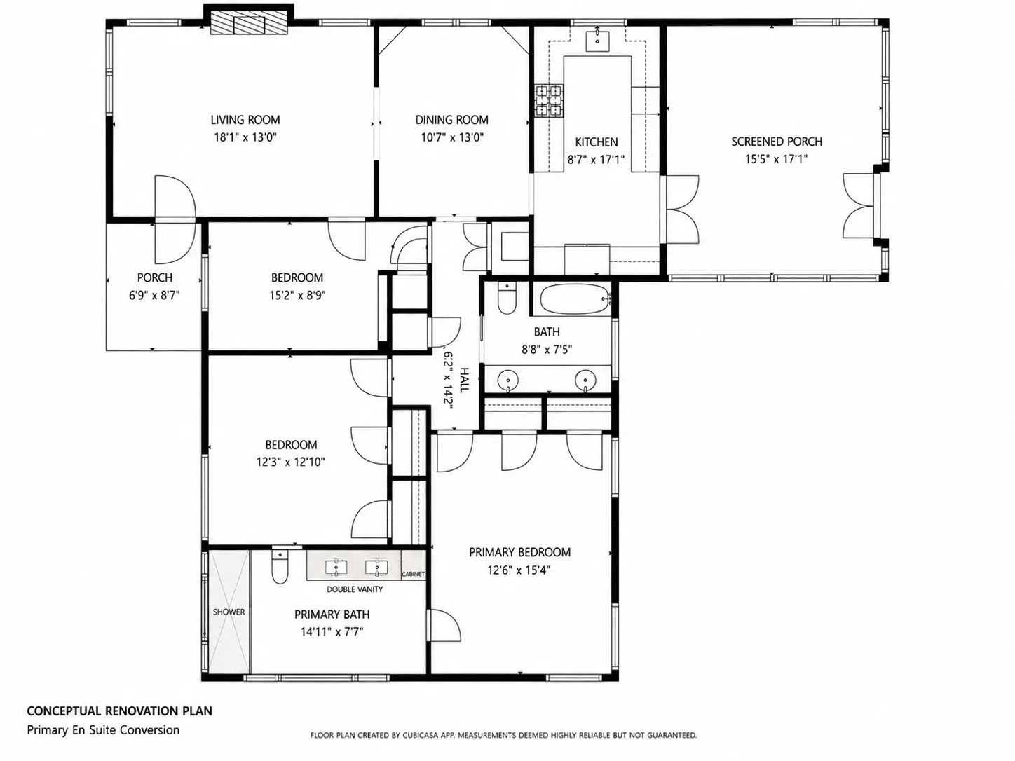 Floor plan showing ensuite imagined where the current enclosed side porch is.