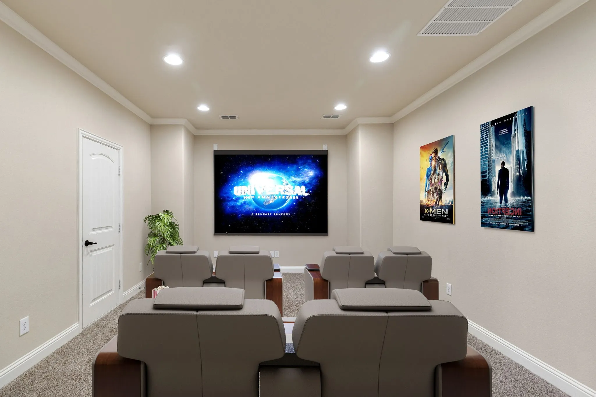 Media room featuring a projector screen, recessed lighting, and crown molding