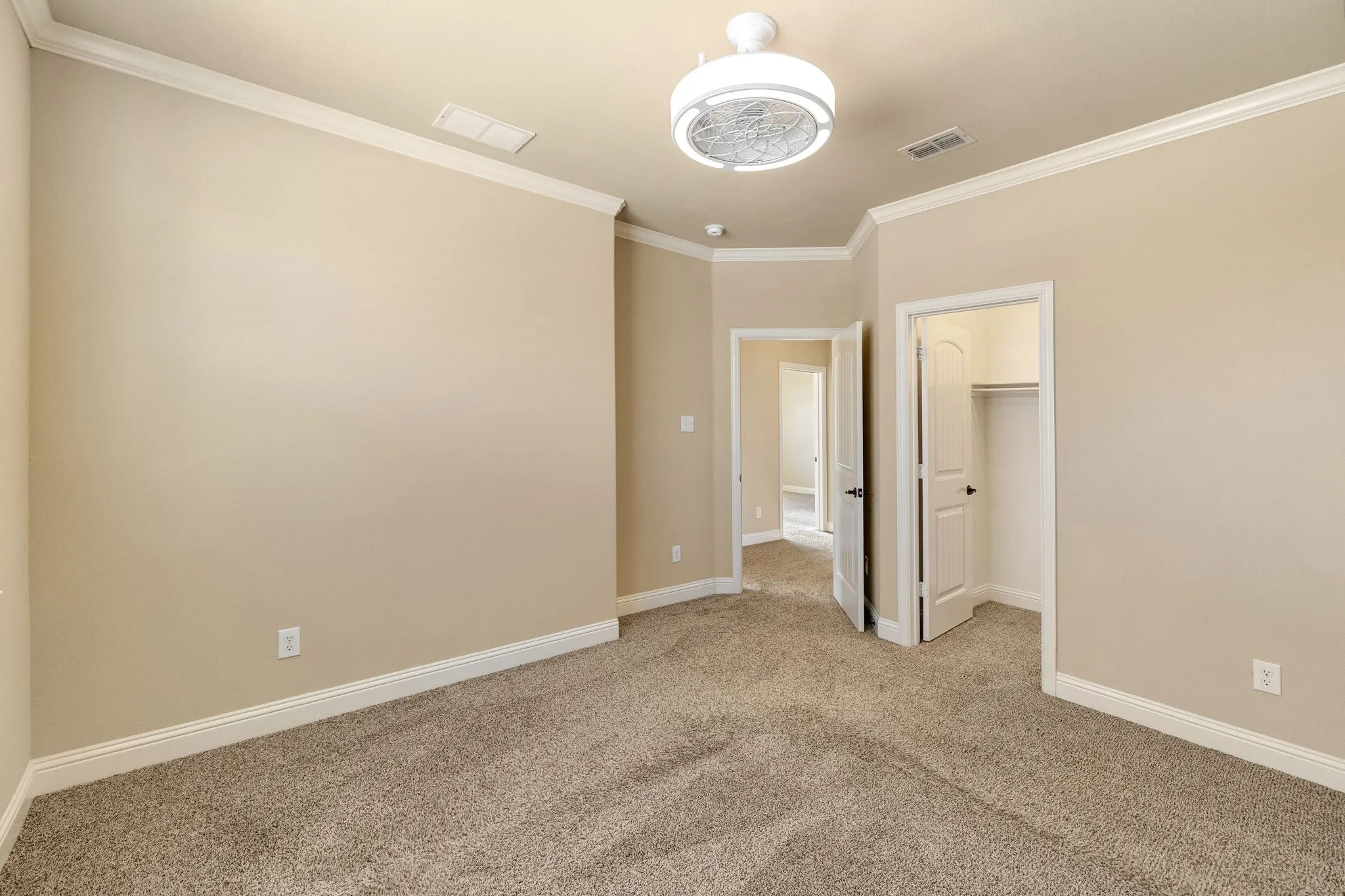 Neutral-toned carpeting with white baseboards and crown molding and huge walk in closet