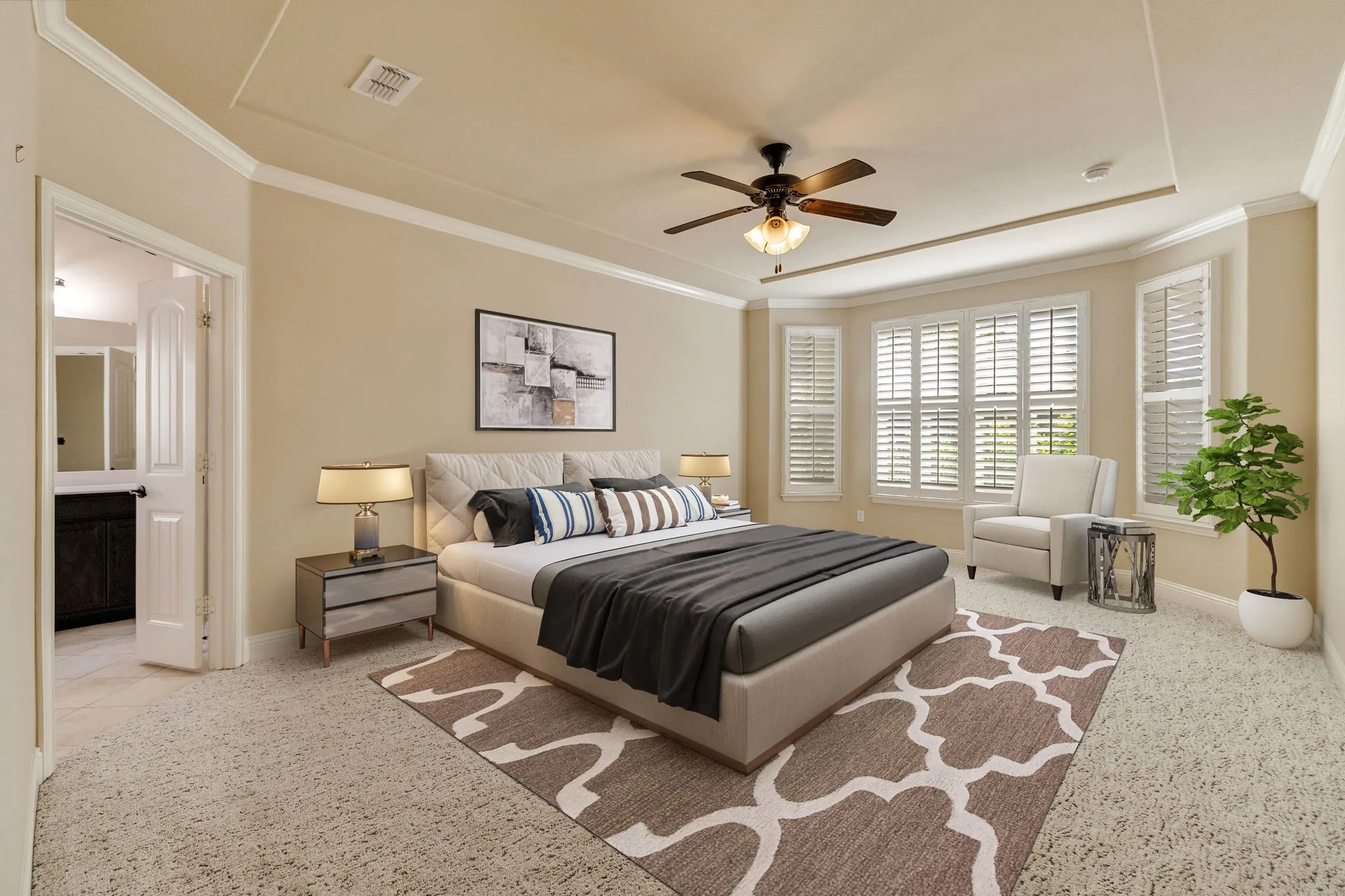 Carpeted room featuring a bay window with plantation shutters, a ceiling fan, and crown molding